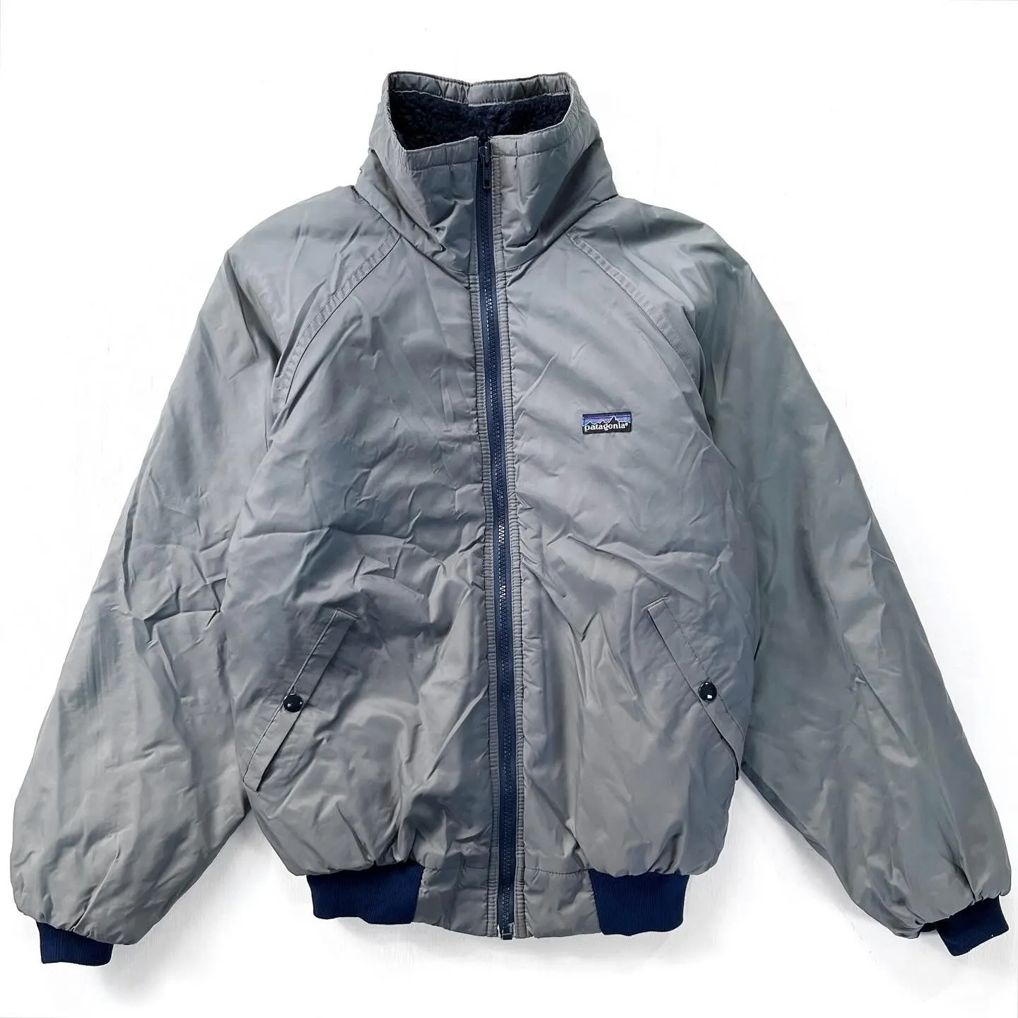 1982 Patagonia First Generation Shelled Pile Jacket, Grey & Navy (S)