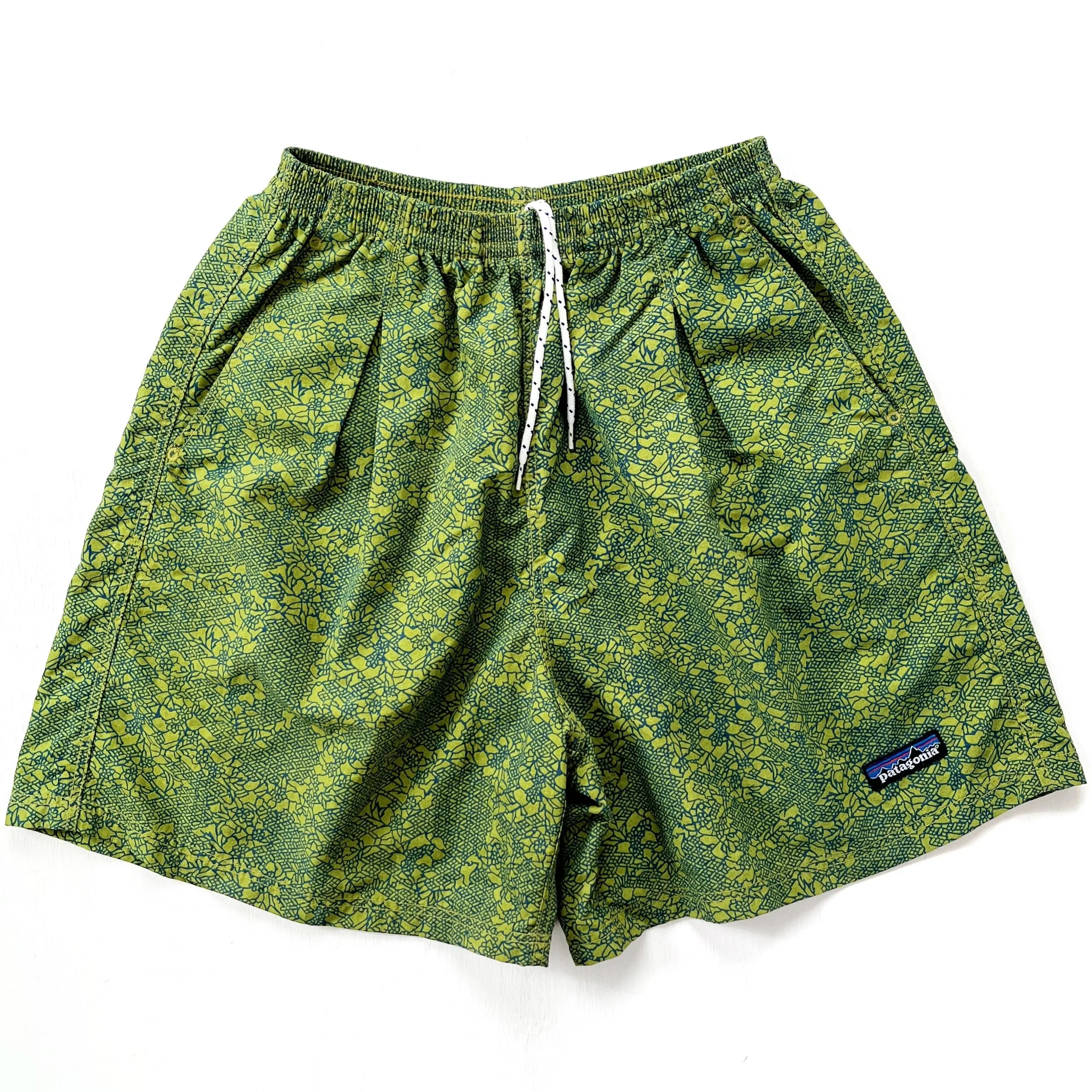 1998 Patagonia 5” Printed Pleated Nylon Baggies Shorts, Green (S)