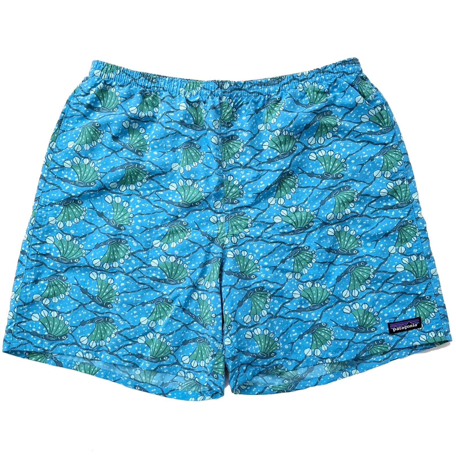 2018 Patagonia Mens 7” Baggies Shorts, Hexy Fish: Radar Blue (L)