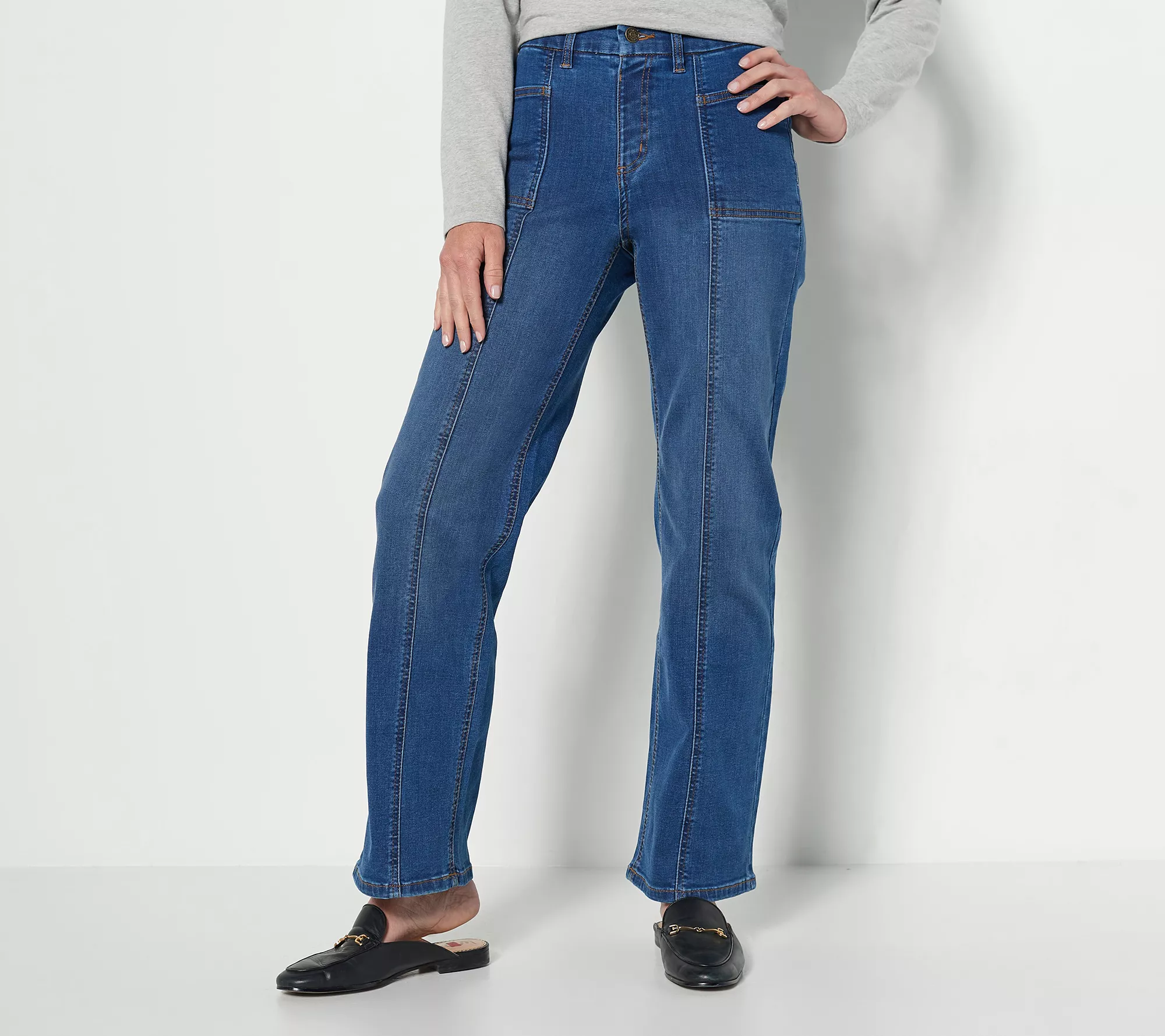 "As Is" Denim & Co. Easy Stretch Regular Wide Leg Jeans w/ Seam Details