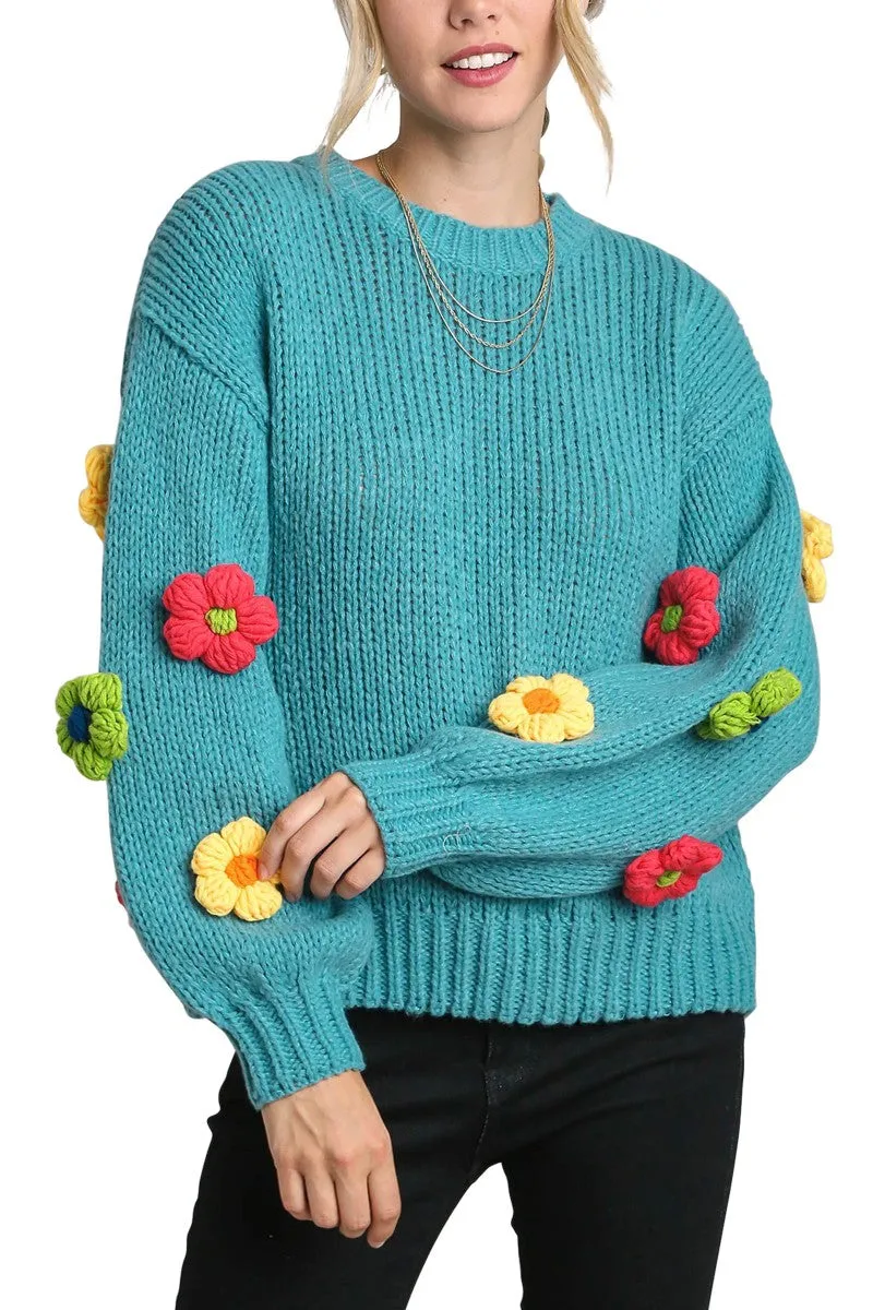 3D Floral Knit Pullover Sweater