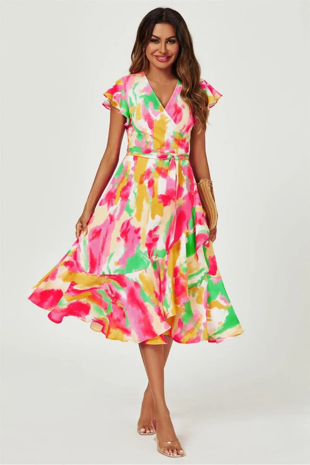 Abstract Floral Print Midi Wrap Dress In Pink