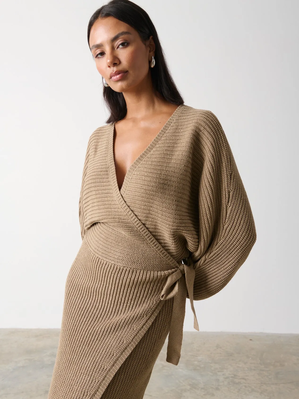 Aidan Cosy Wrap Dress - Light Brown