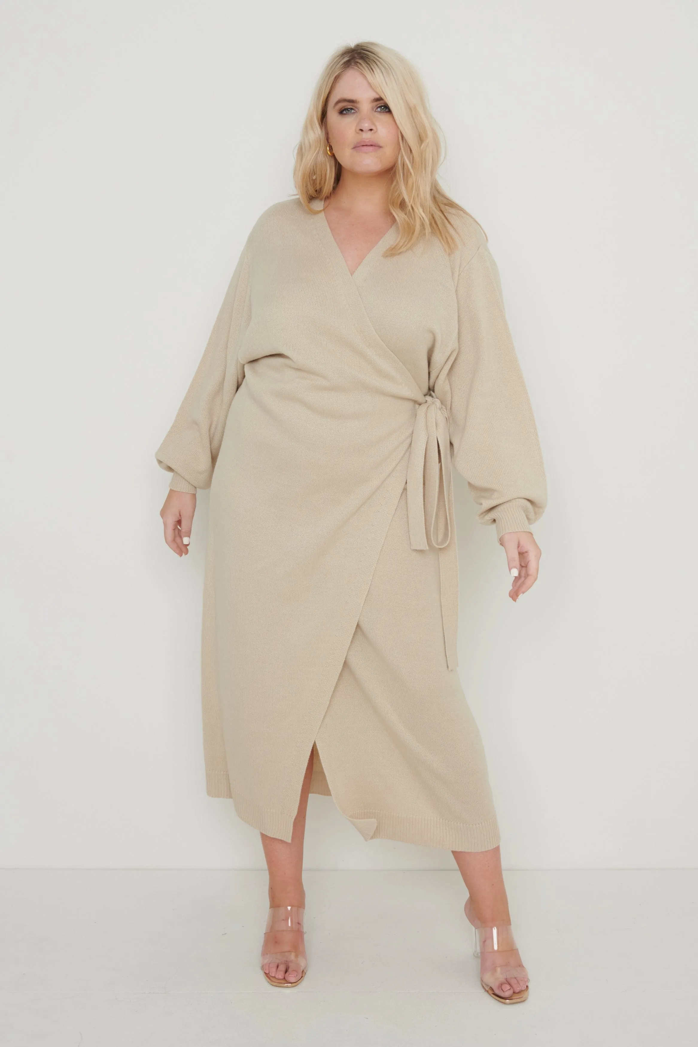 Beau Wrap Midi Dress - Beige