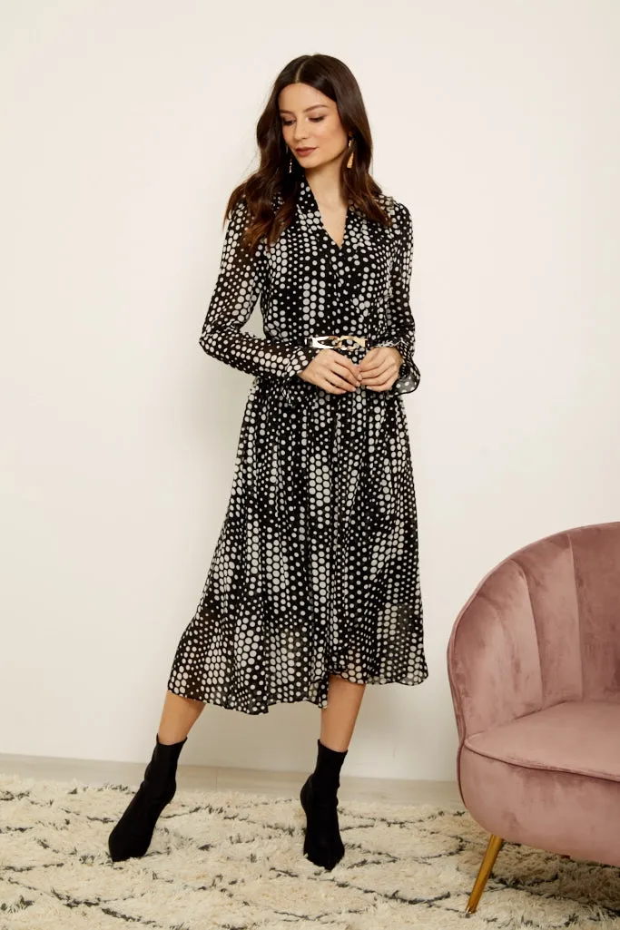 Black & Cream Spot Print Faux Wrap Front Dress