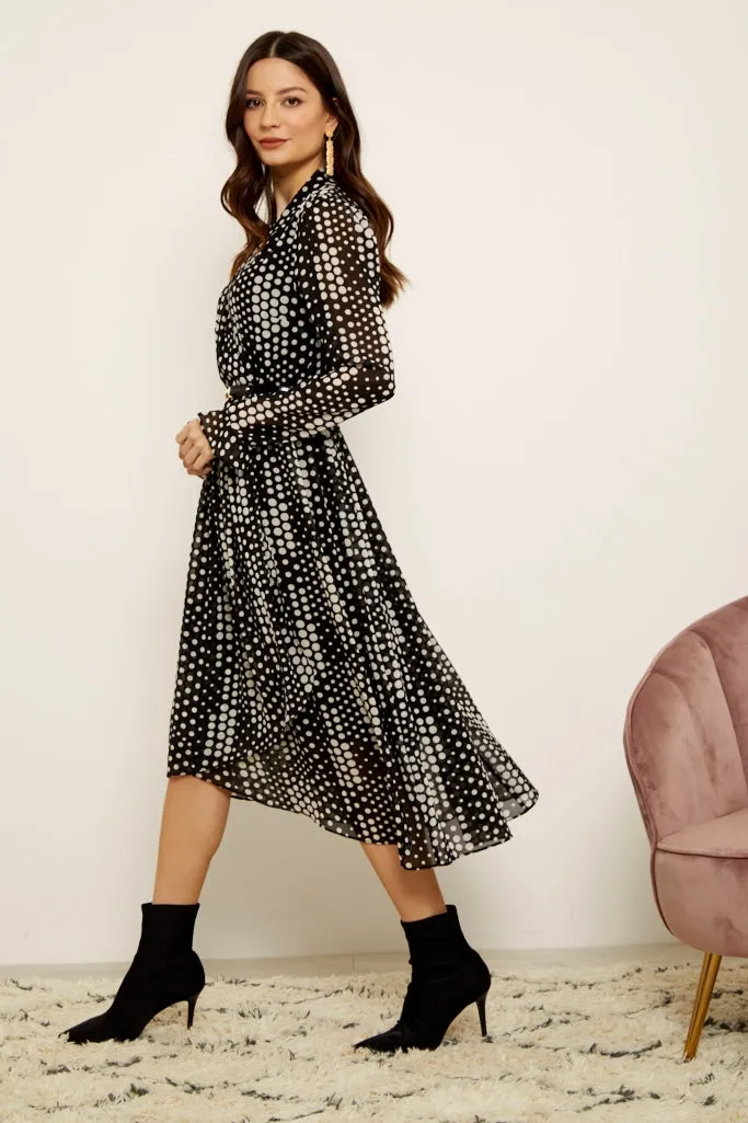 Black & Cream Spot Print Faux Wrap Front Dress