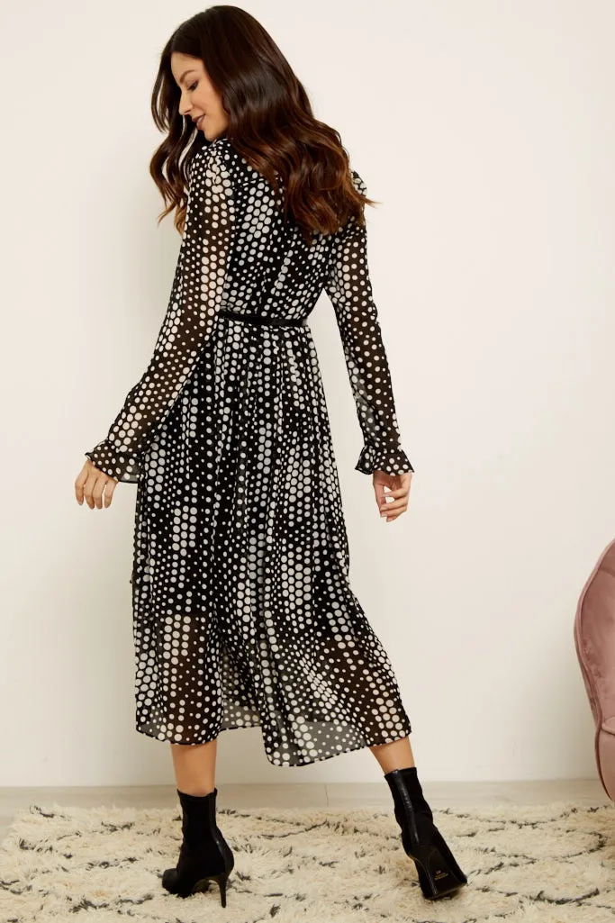 Black & Cream Spot Print Faux Wrap Front Dress