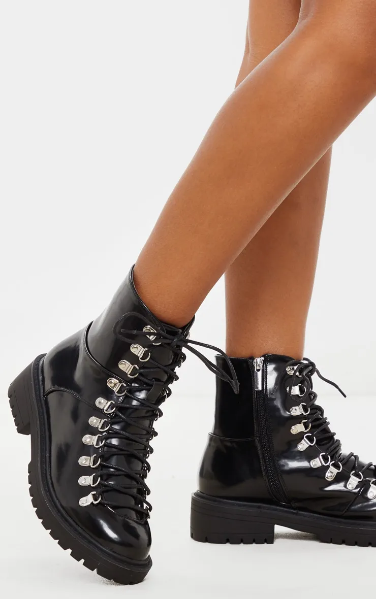 Black Cleated Sole Hiker Eyelet Ankle Boot