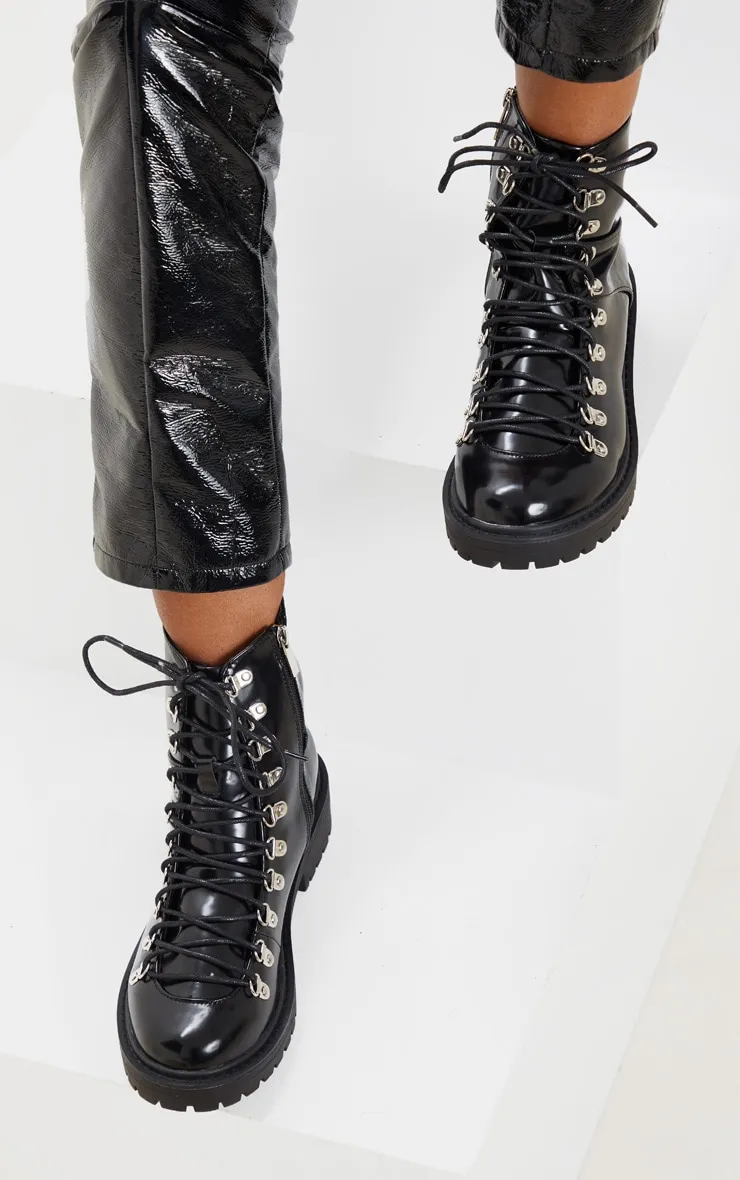 Black Cleated Sole Hiker Eyelet Ankle Boot