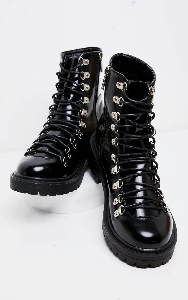 Black Cleated Sole Hiker Eyelet Ankle Boot