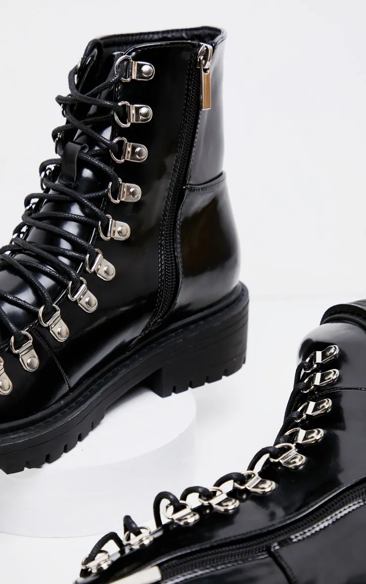 Black Cleated Sole Hiker Eyelet Ankle Boot