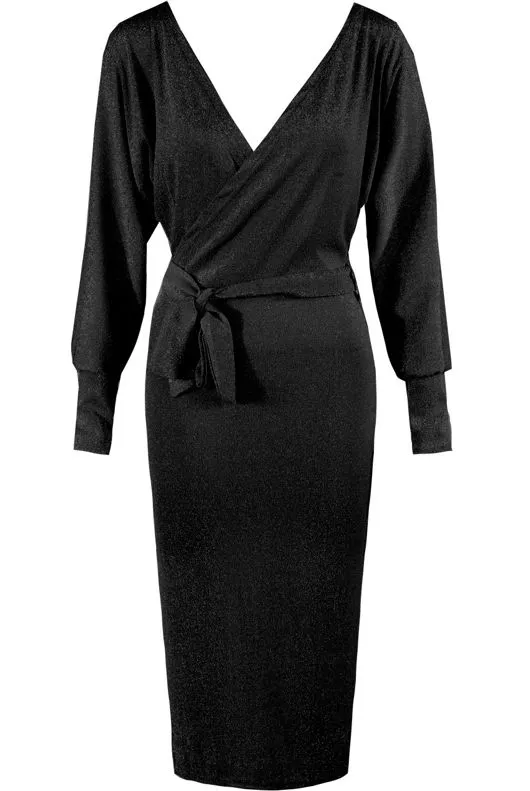 Black Lurex Tie Up Wrap Over Dress