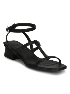 Black PU Thin Strappy Ankle Strap Sandals