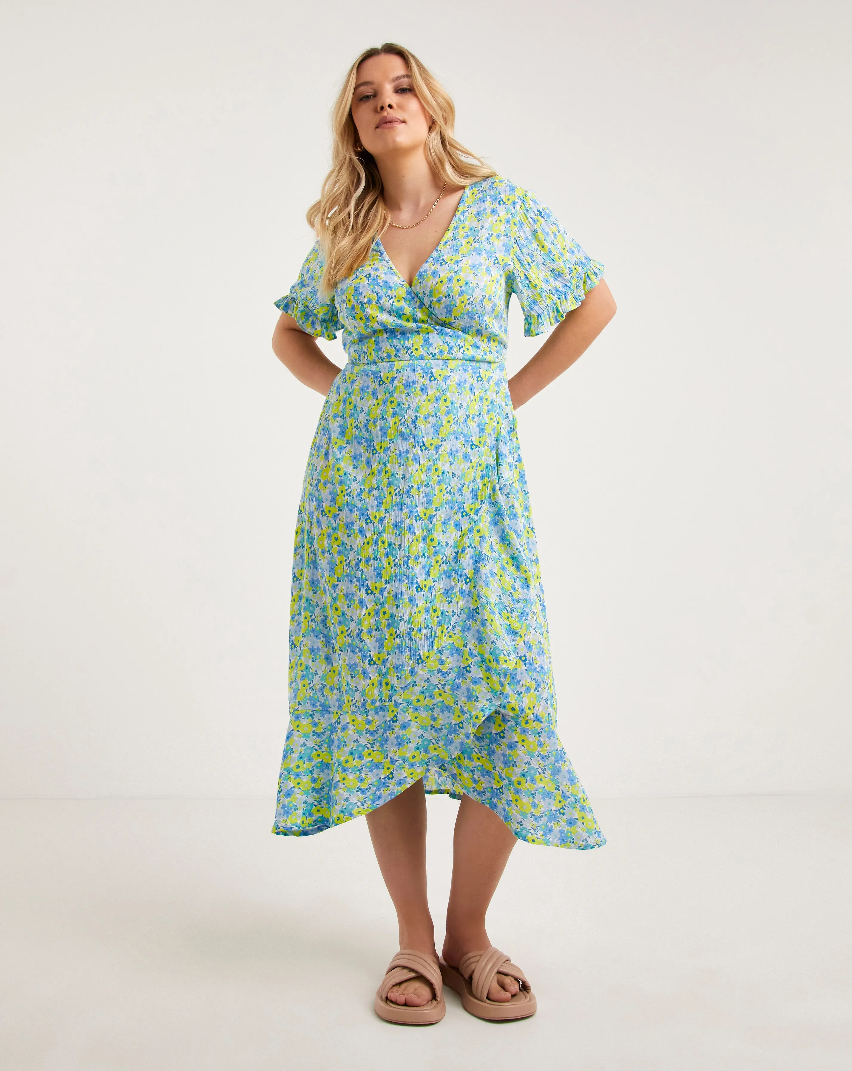 Blue Floral Crinkle Wrap Dress With EcoVero TM Viscose | Simply Be