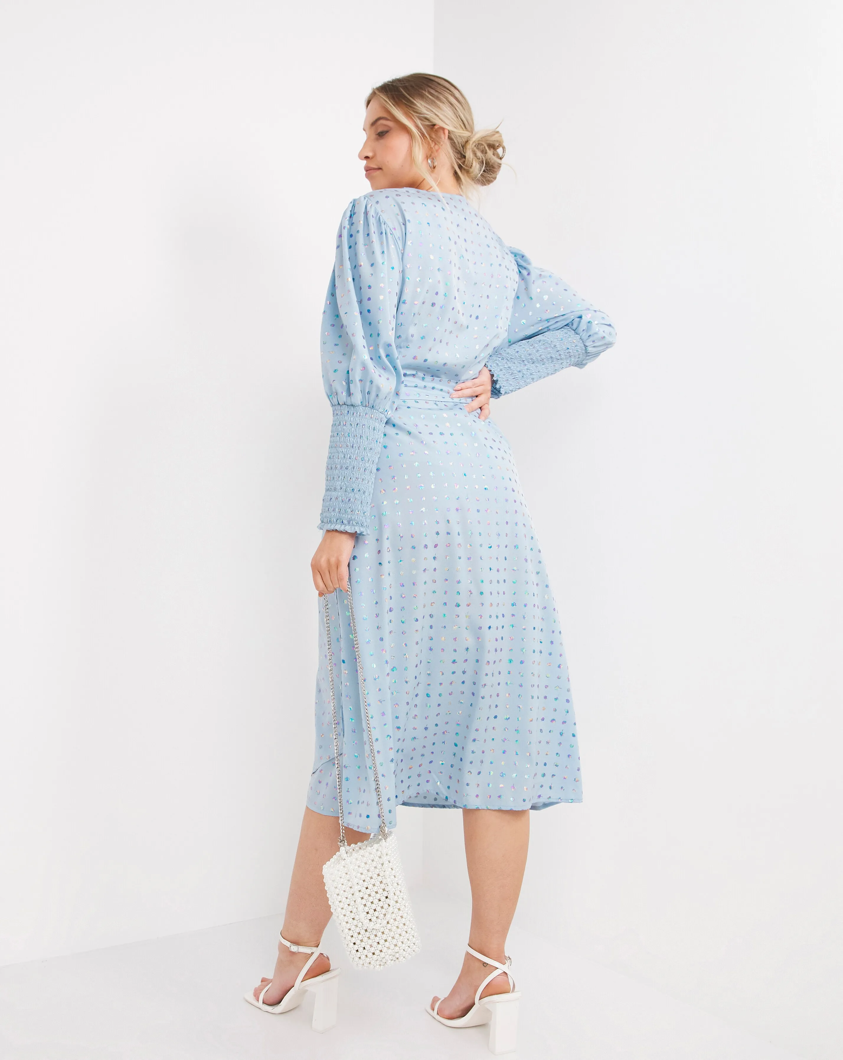 Blue Rainbow Foil Wrap Midi Dress With Shirred Sleeve | Simply Be