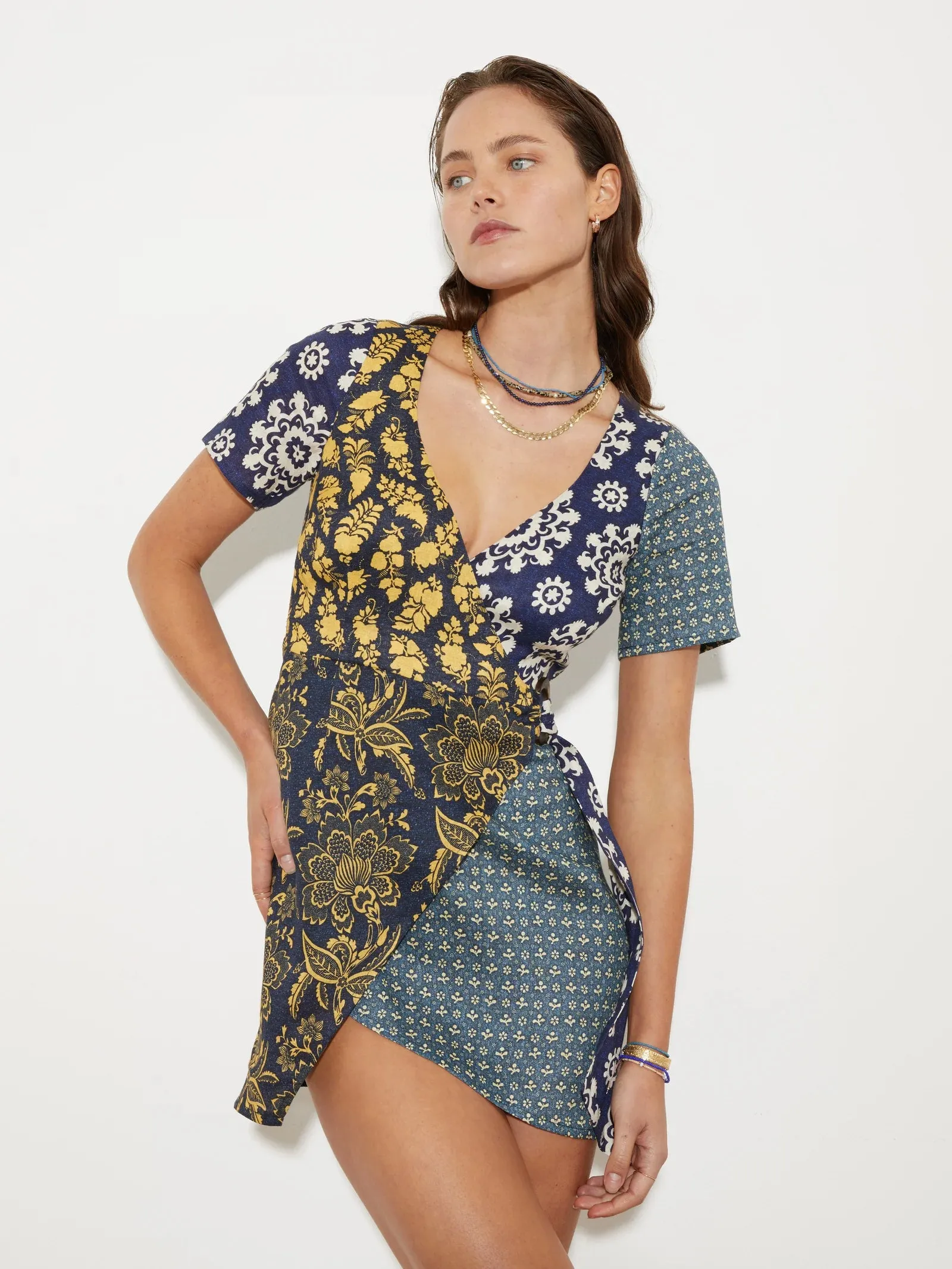 BOTEH      BOTEH - FLORIMONDE MINI WRAP DRESS (INDIGO PATCHWORK)