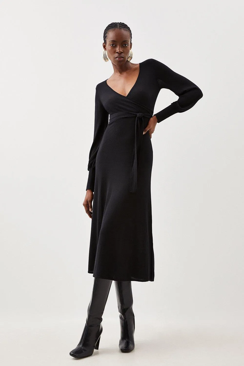 Cashmere Blend Wrap Full Sleeve Belted Knit Midi Dress | Karen Millen