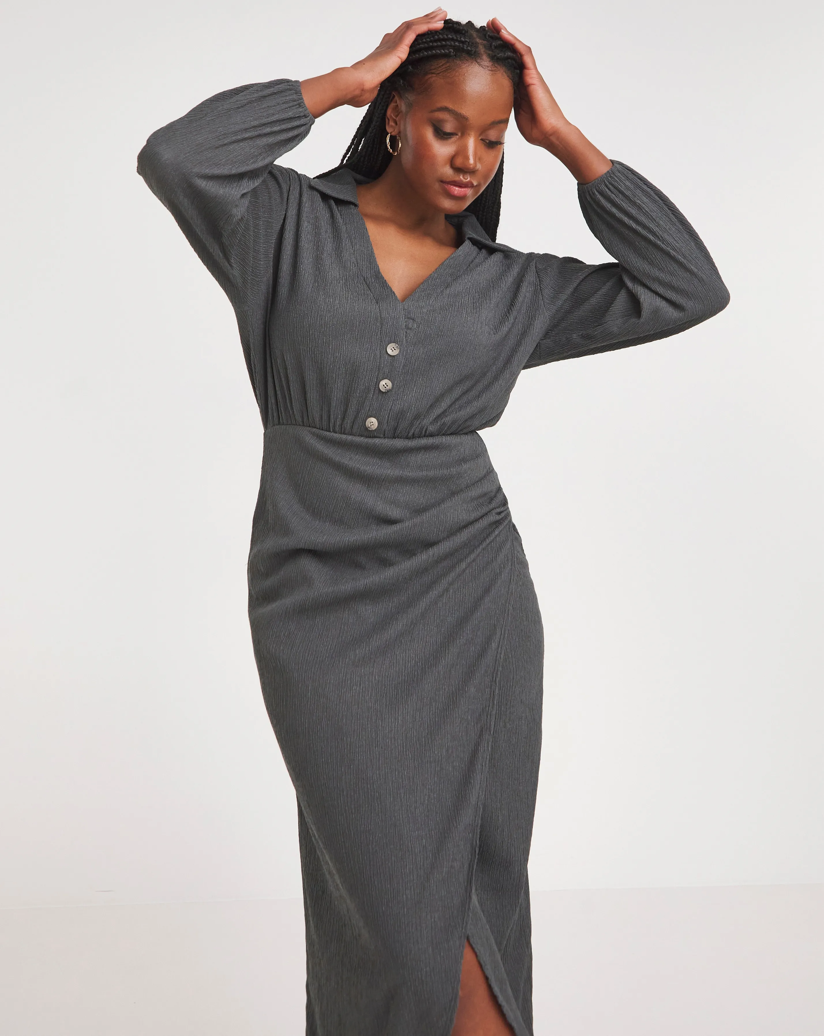 Charcoal Textured Jersey Wrap Front Midi Shirt Dress | Simply Be