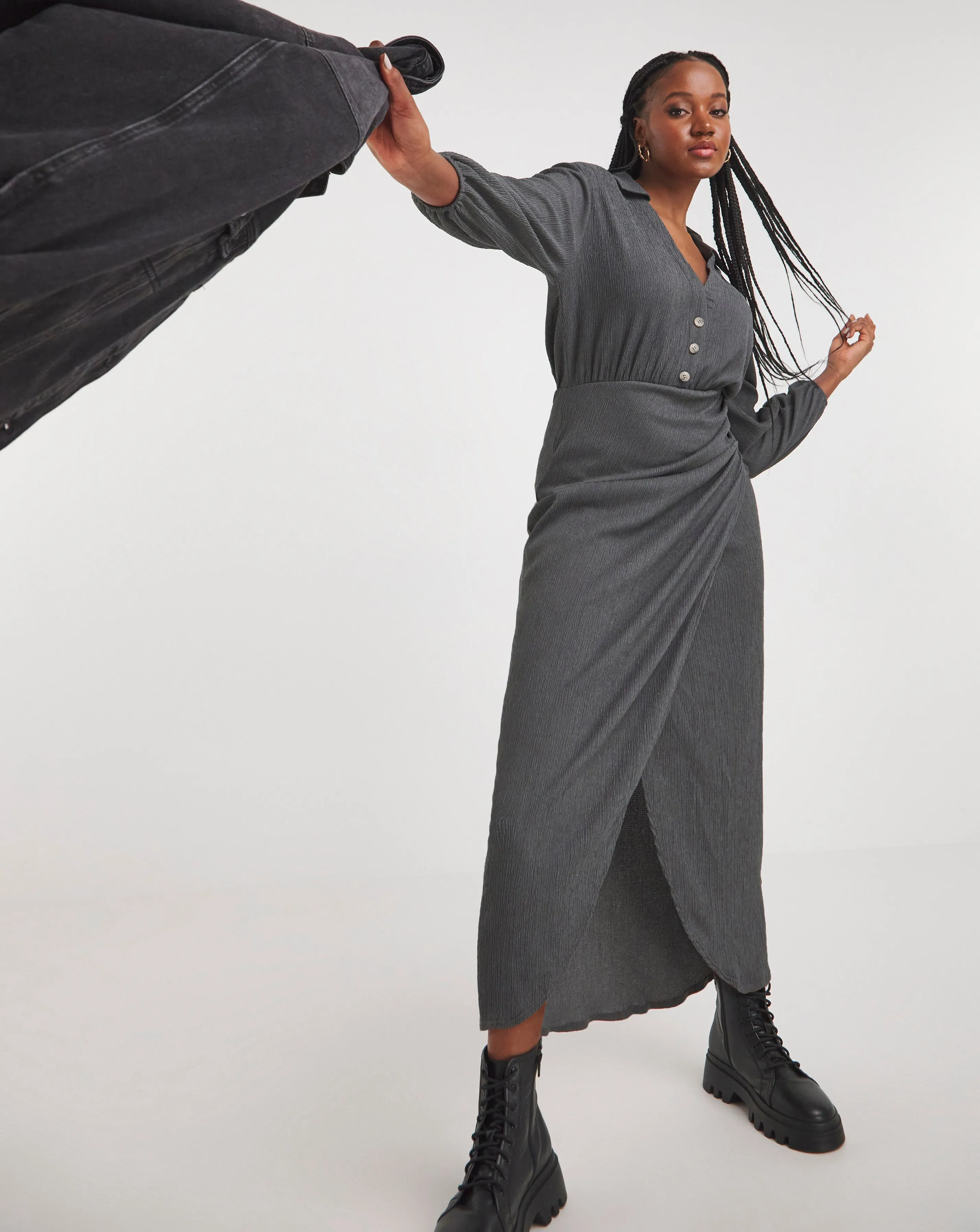 Charcoal Textured Jersey Wrap Front Midi Shirt Dress | Simply Be