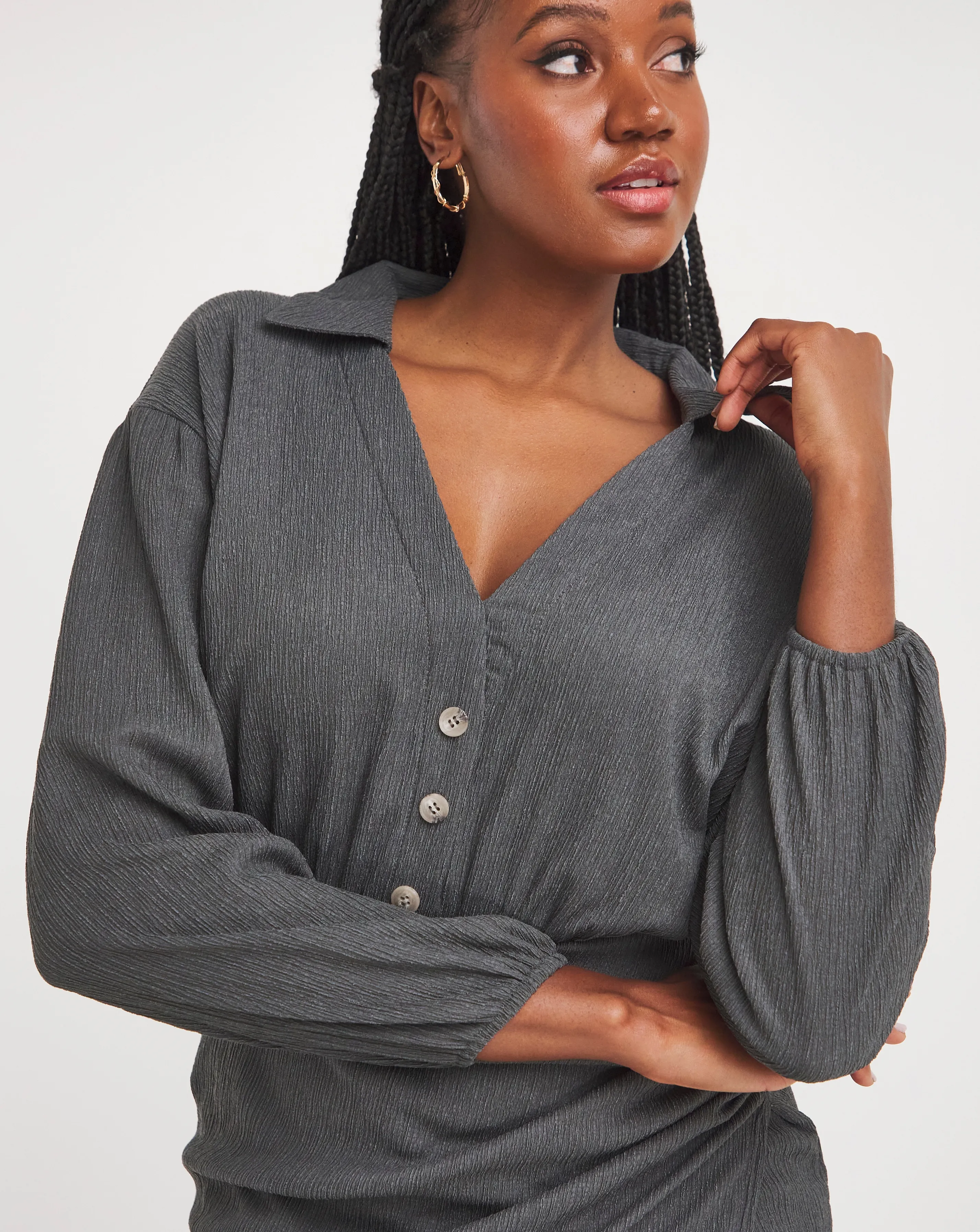 Charcoal Textured Jersey Wrap Front Midi Shirt Dress | Simply Be