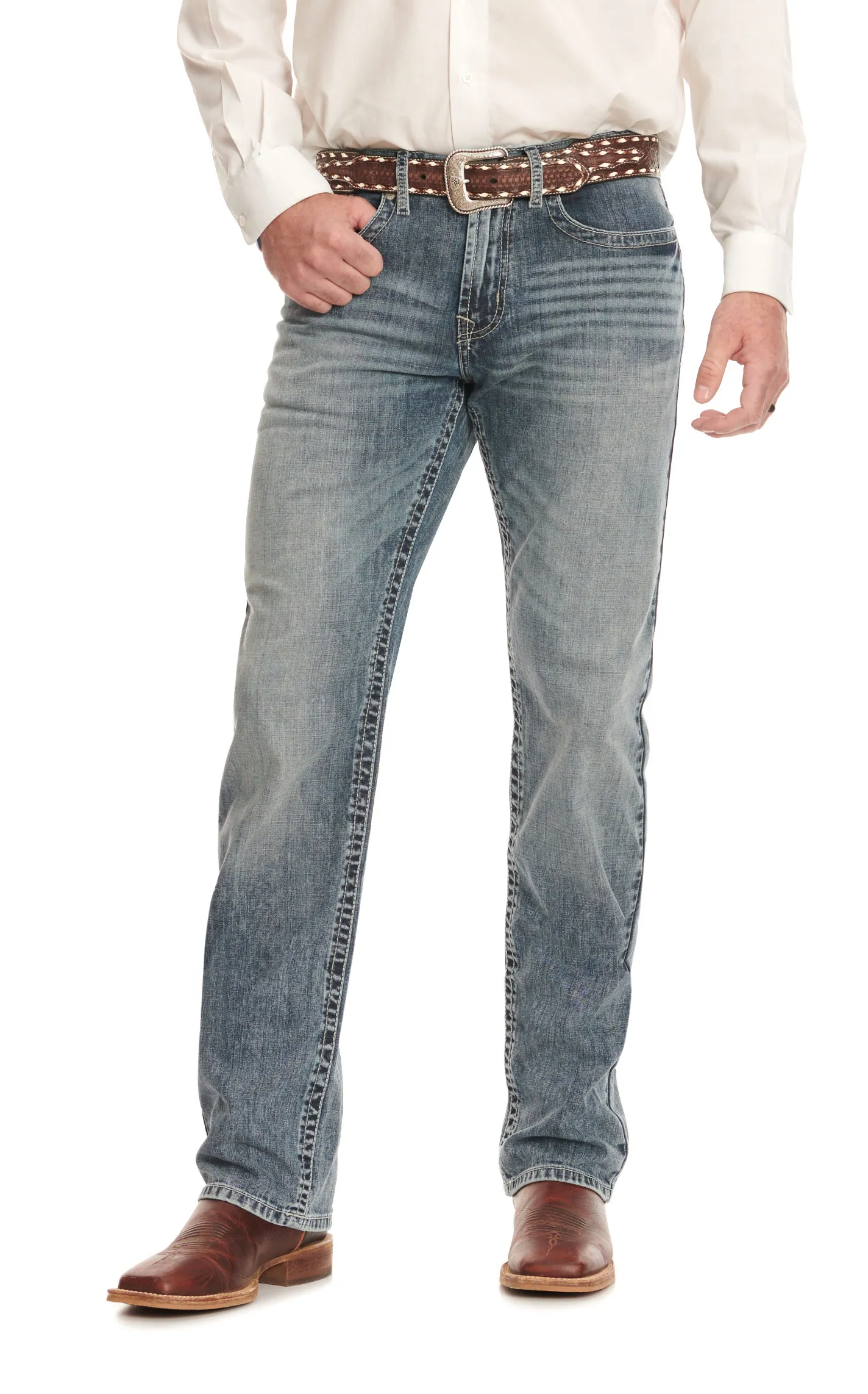 Cinch Men's White Label Light-Medium Stone-Wash Mid Rise Relaxed Fit Straight Leg Jeans