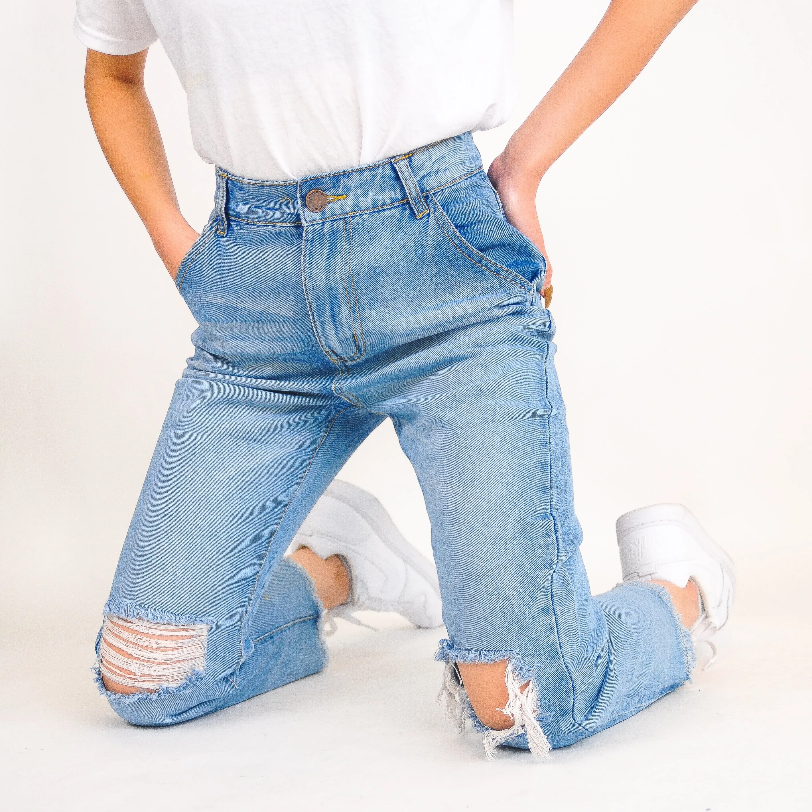 Distressed High Rise Ankle Straight Jeans