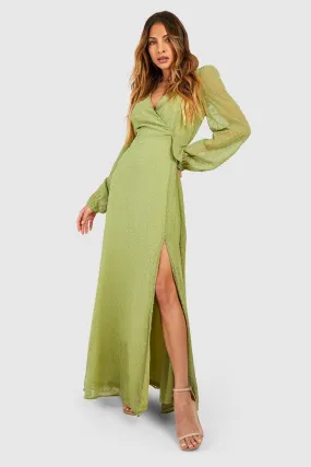 Dobby Blouson Sleeve Wrap Maxi Dress