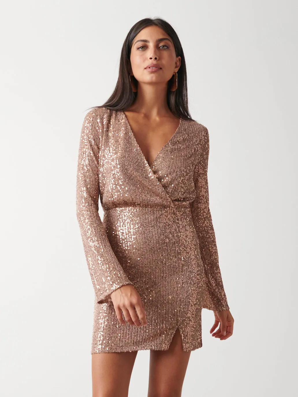 Dulcie Mini Wrap Sequin Dress - Mocha