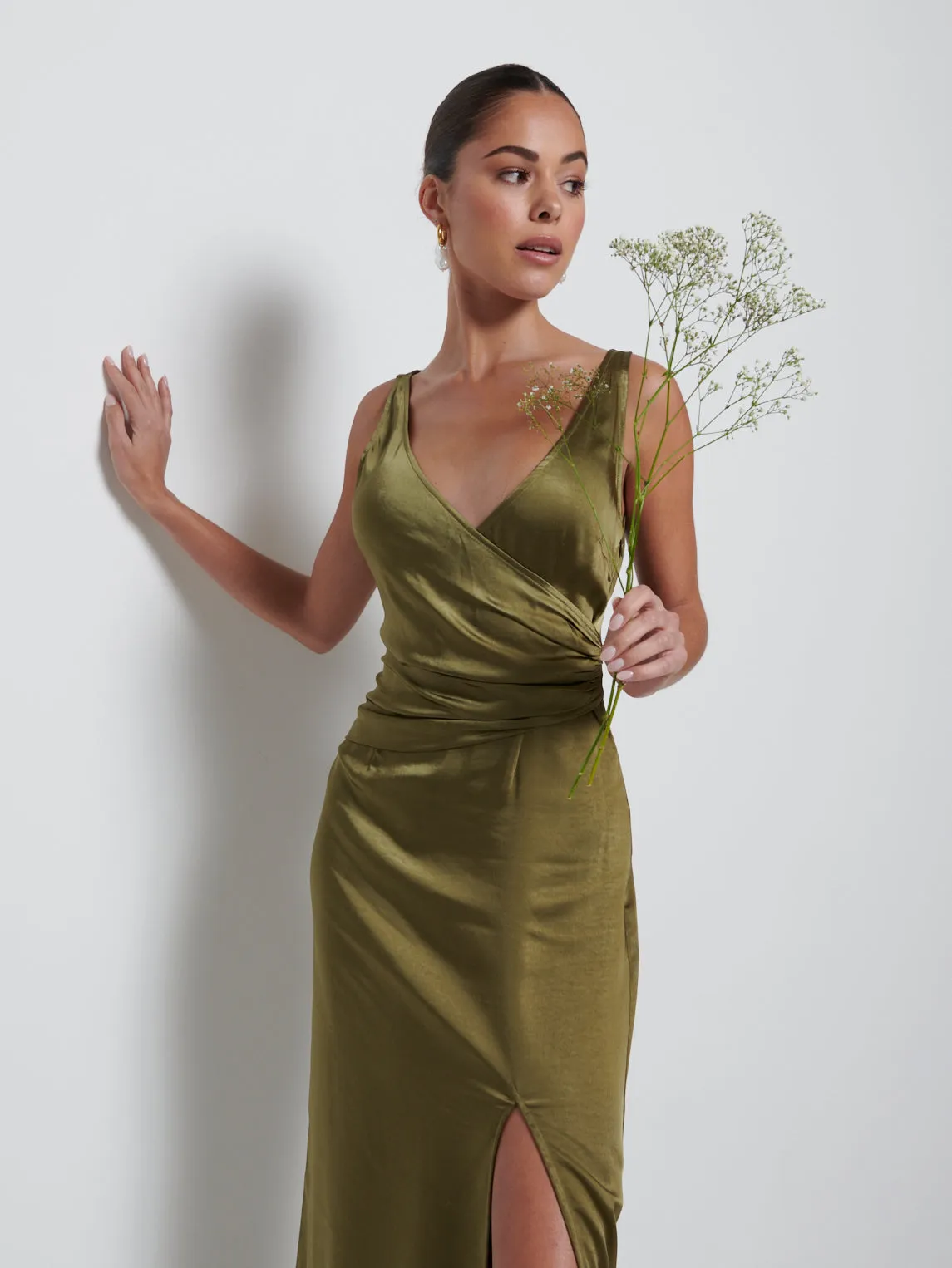 Esmee Wrap Maxi Bridesmaid Dress - Dark Olive