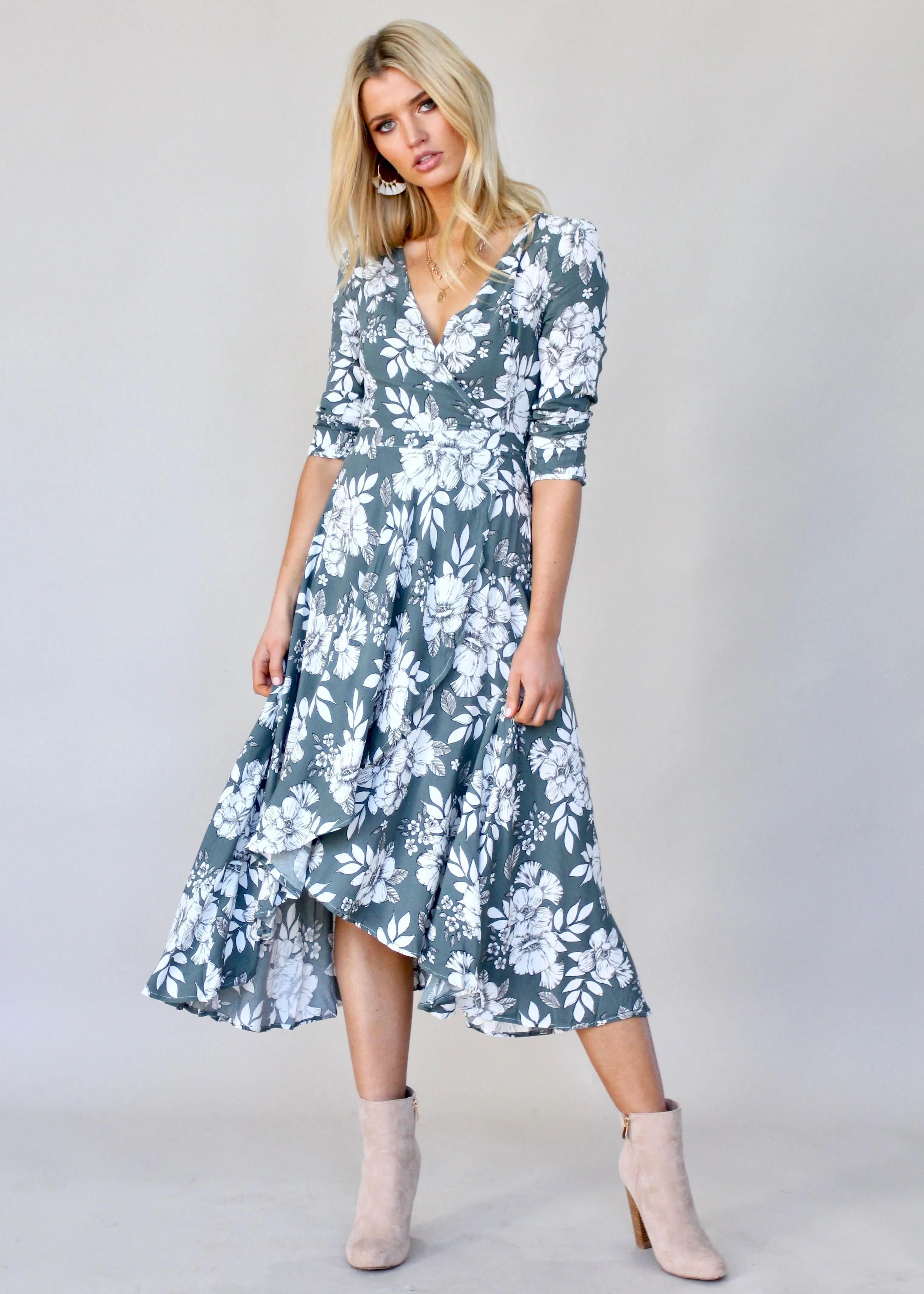 Forever Mine Midi Wrap Dress - Sage Floral