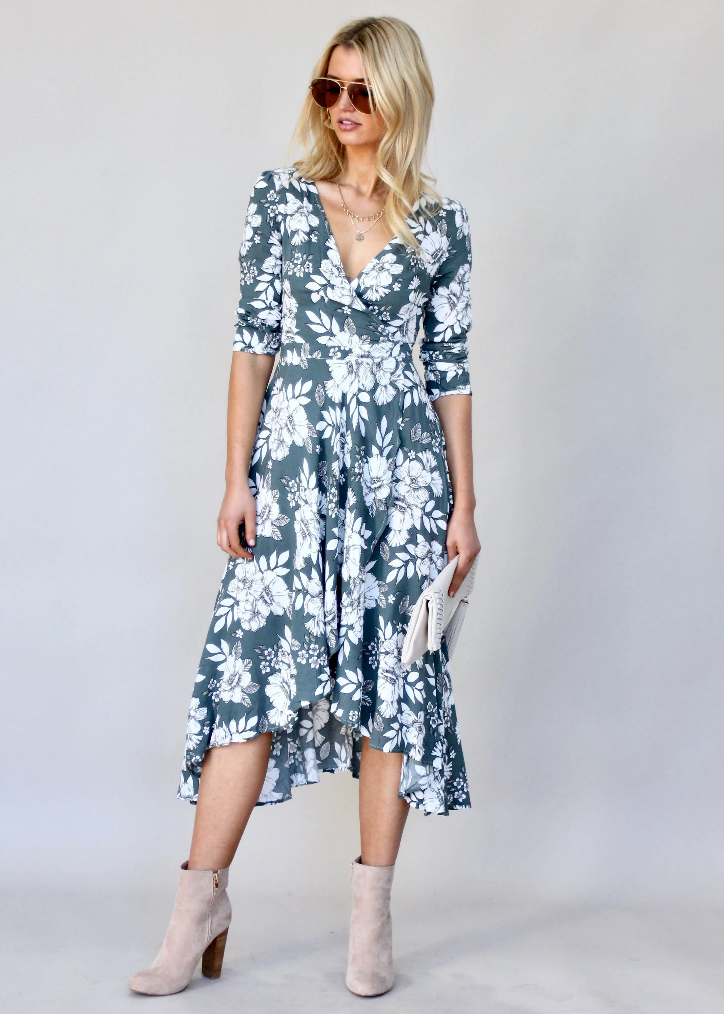 Forever Mine Midi Wrap Dress - Sage Floral