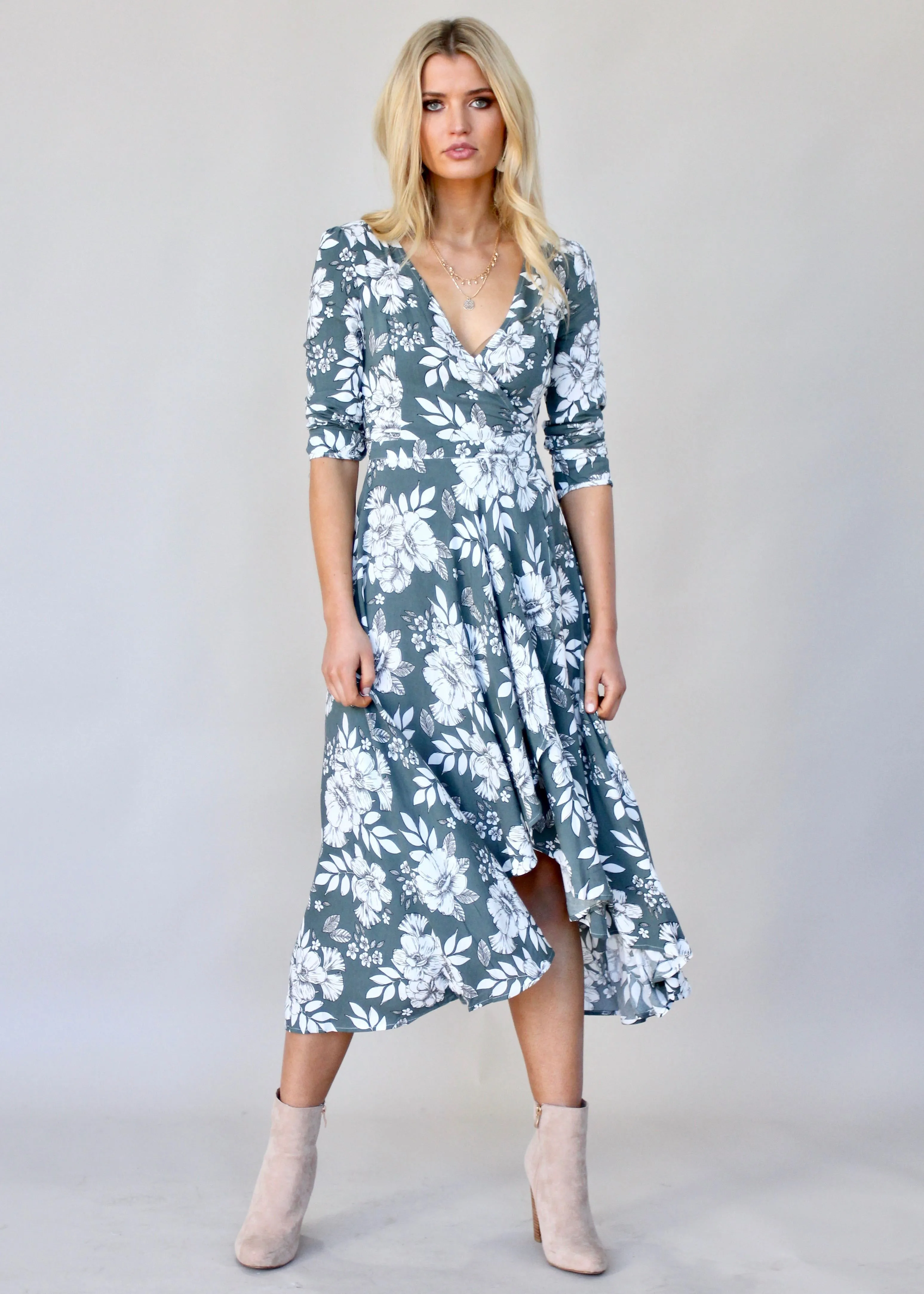 Forever Mine Midi Wrap Dress - Sage Floral