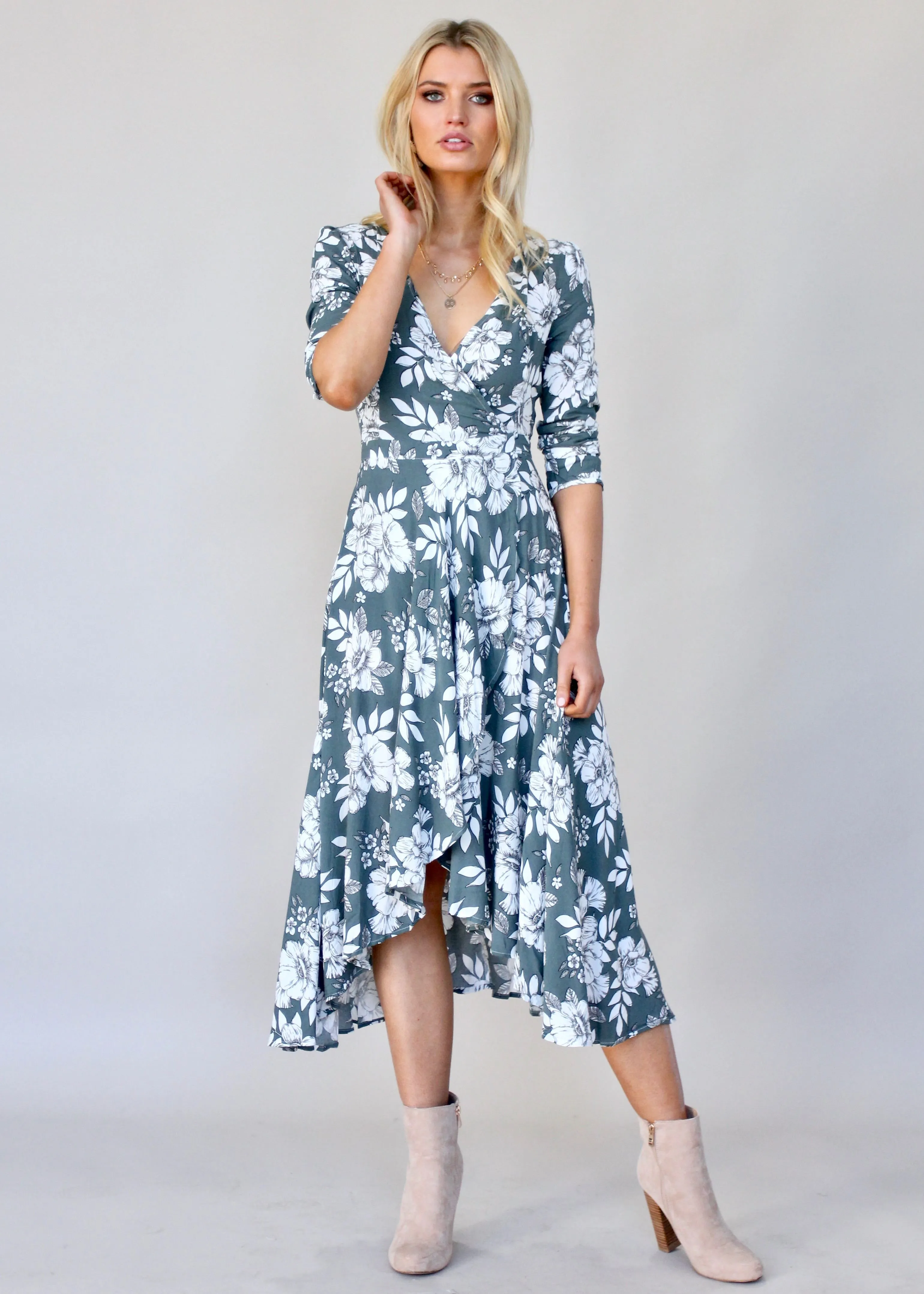 Forever Mine Midi Wrap Dress - Sage Floral