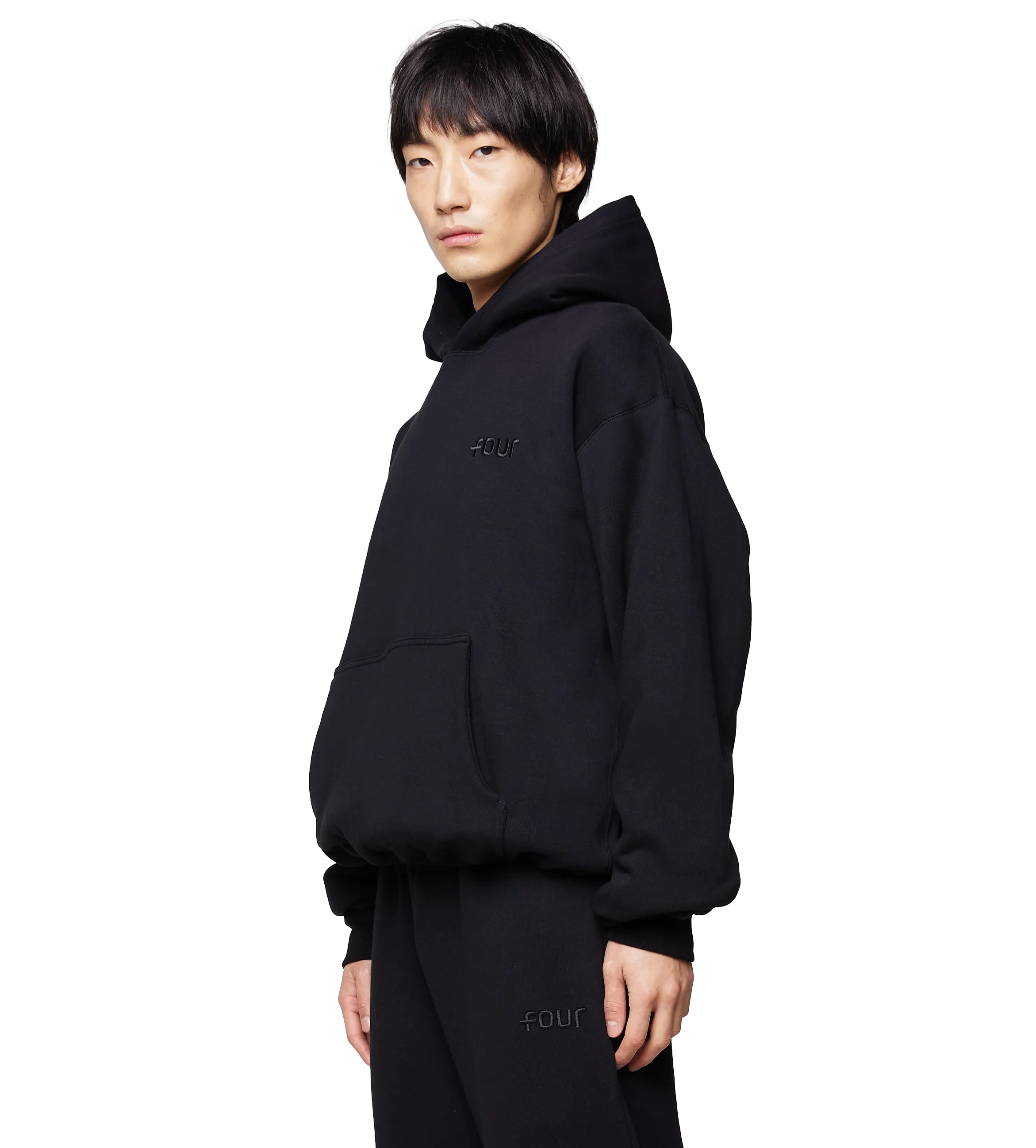 FOUR    Double Layered Hoodie Logo Embroidery All Black