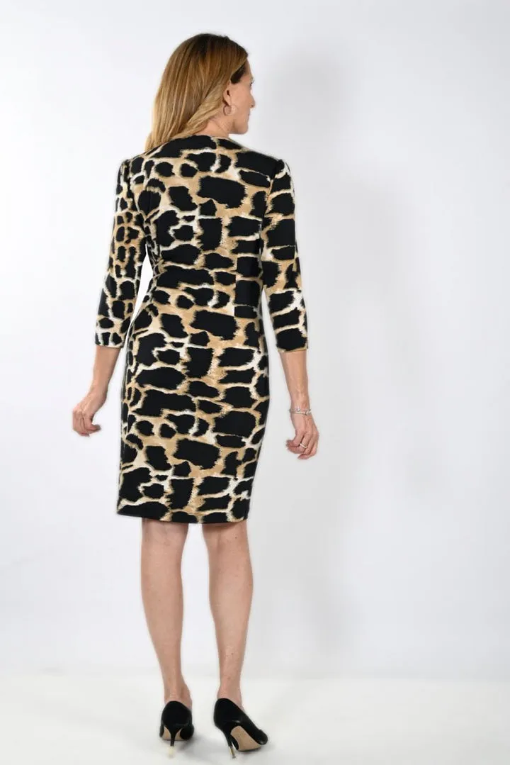 Frank Lyman    Leopard Print Wrap Knit Dress Black/Beige