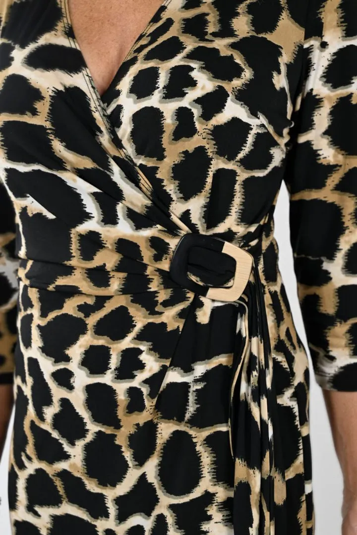 Frank Lyman    Leopard Print Wrap Knit Dress Black/Beige