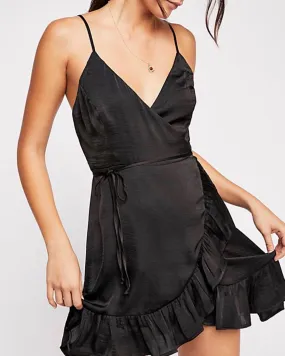 Free People All My Love Wrap Shine Mini Dress In Black Satin