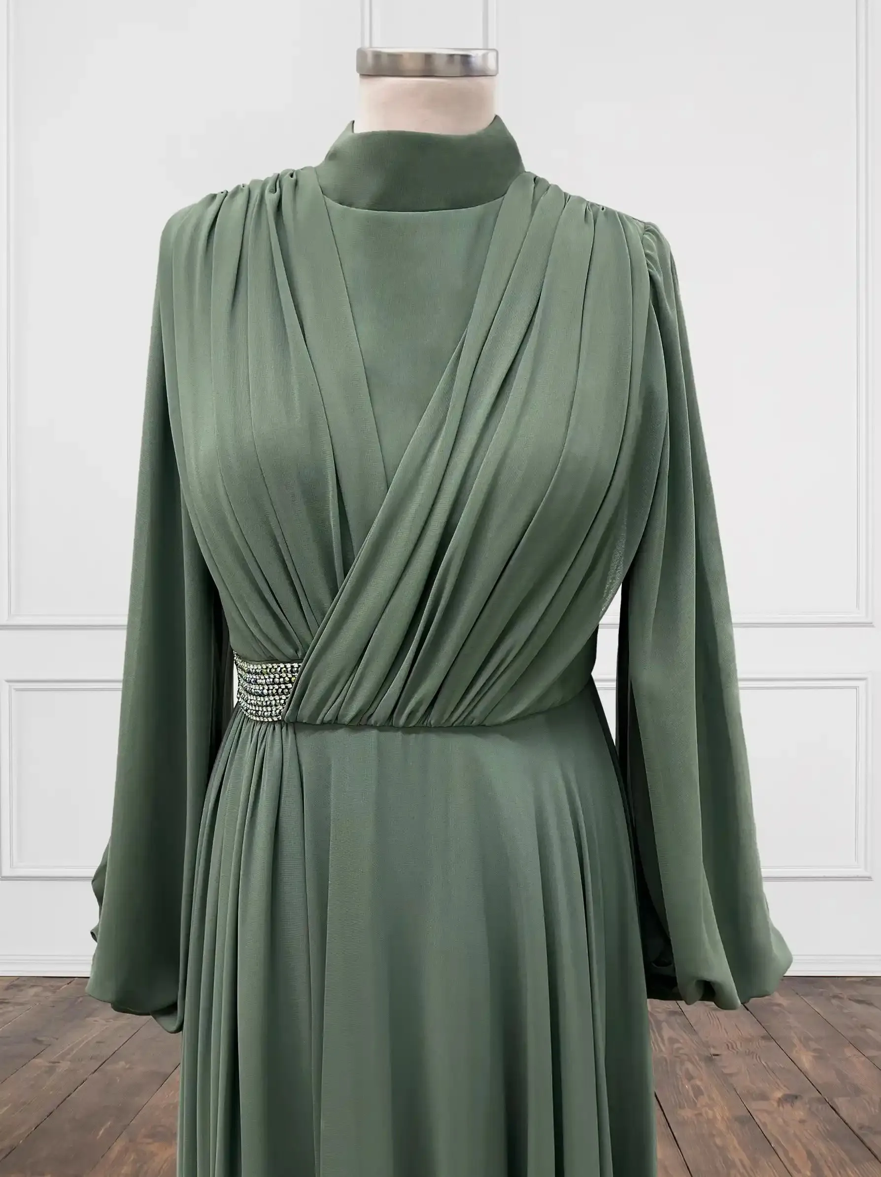 Gem Belt Detailed Tulle Wrap Khaki Green Evening Dress