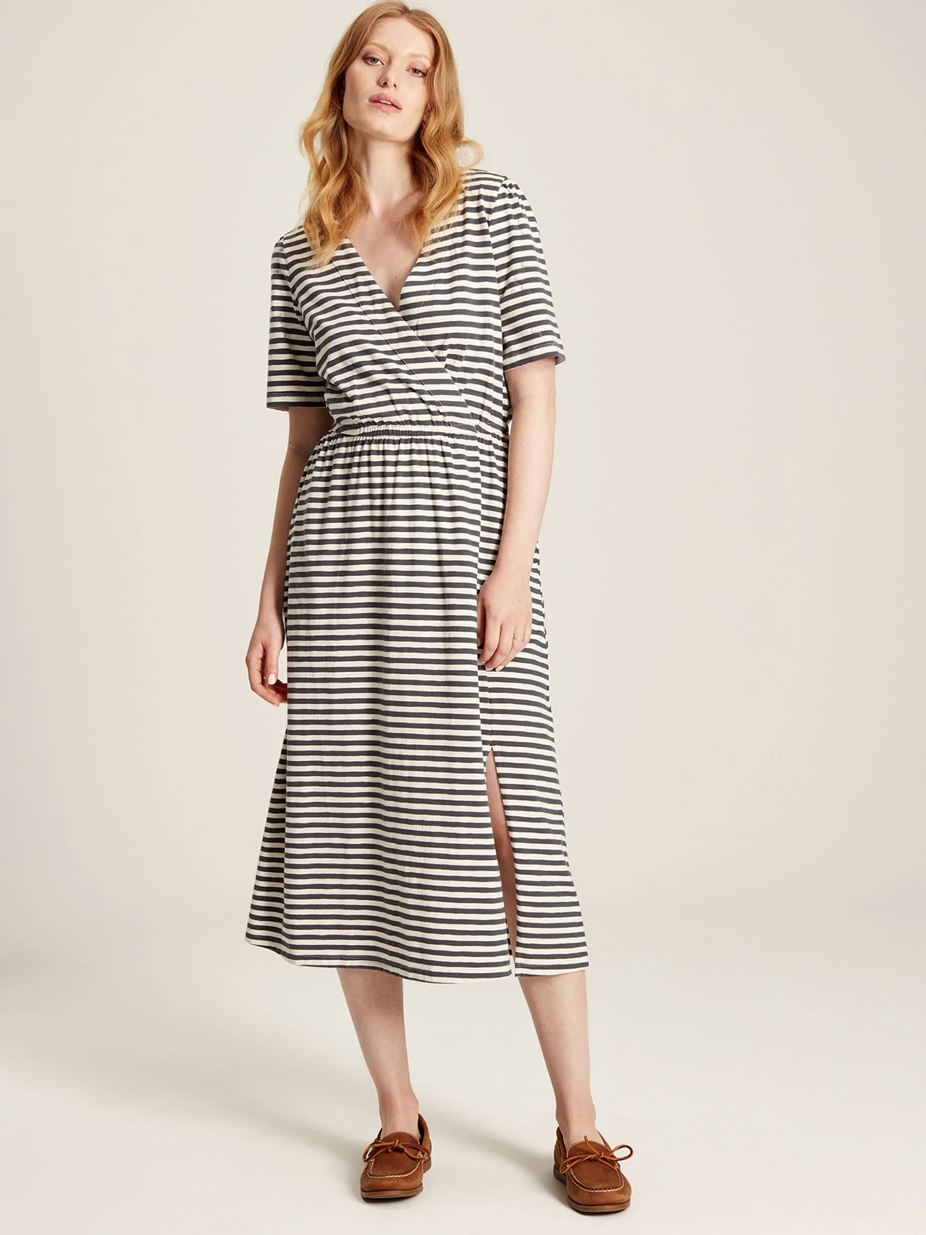 Grey Striped Wrap Midi Dress