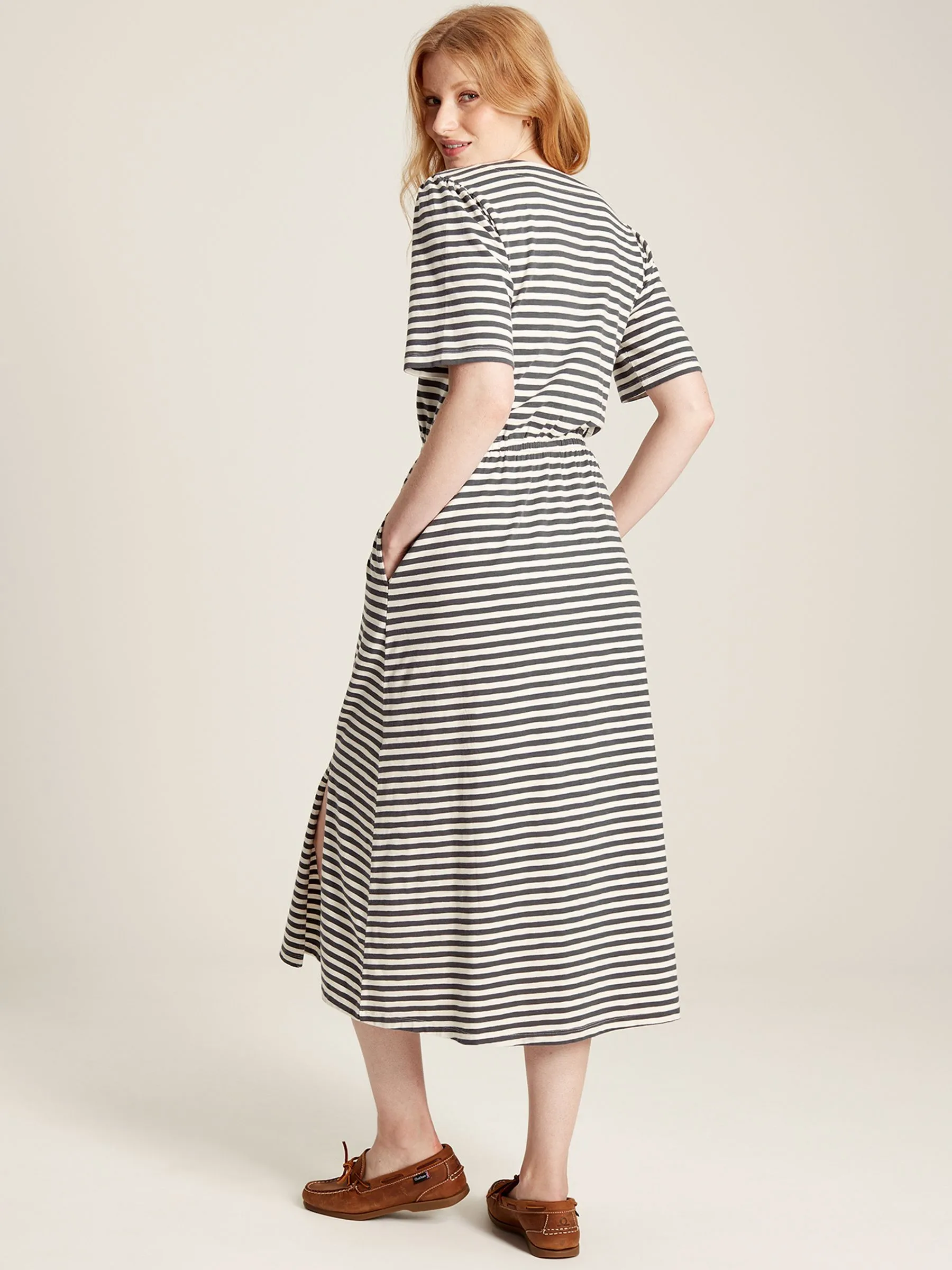 Grey Striped Wrap Midi Dress