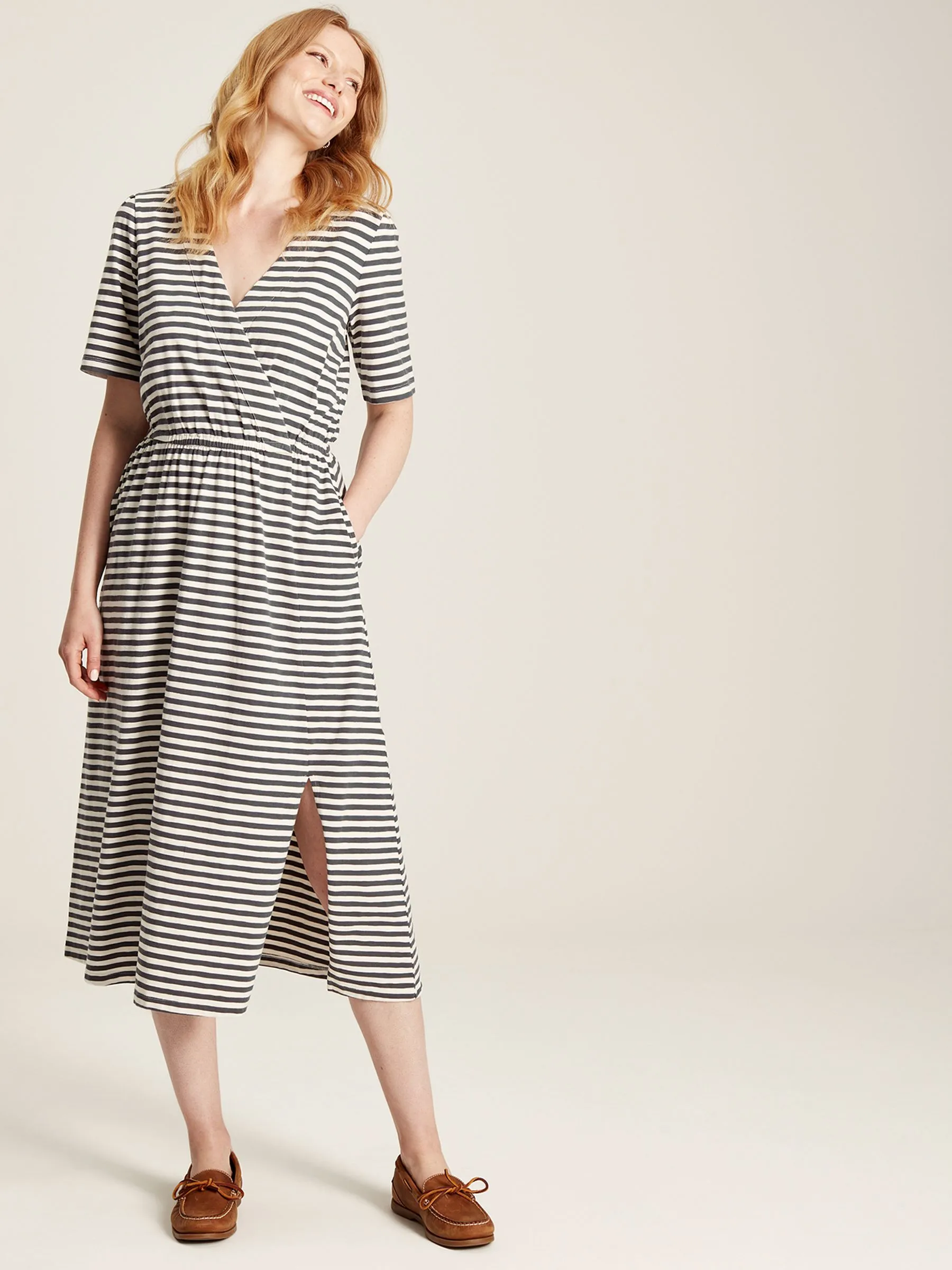 Grey Striped Wrap Midi Dress