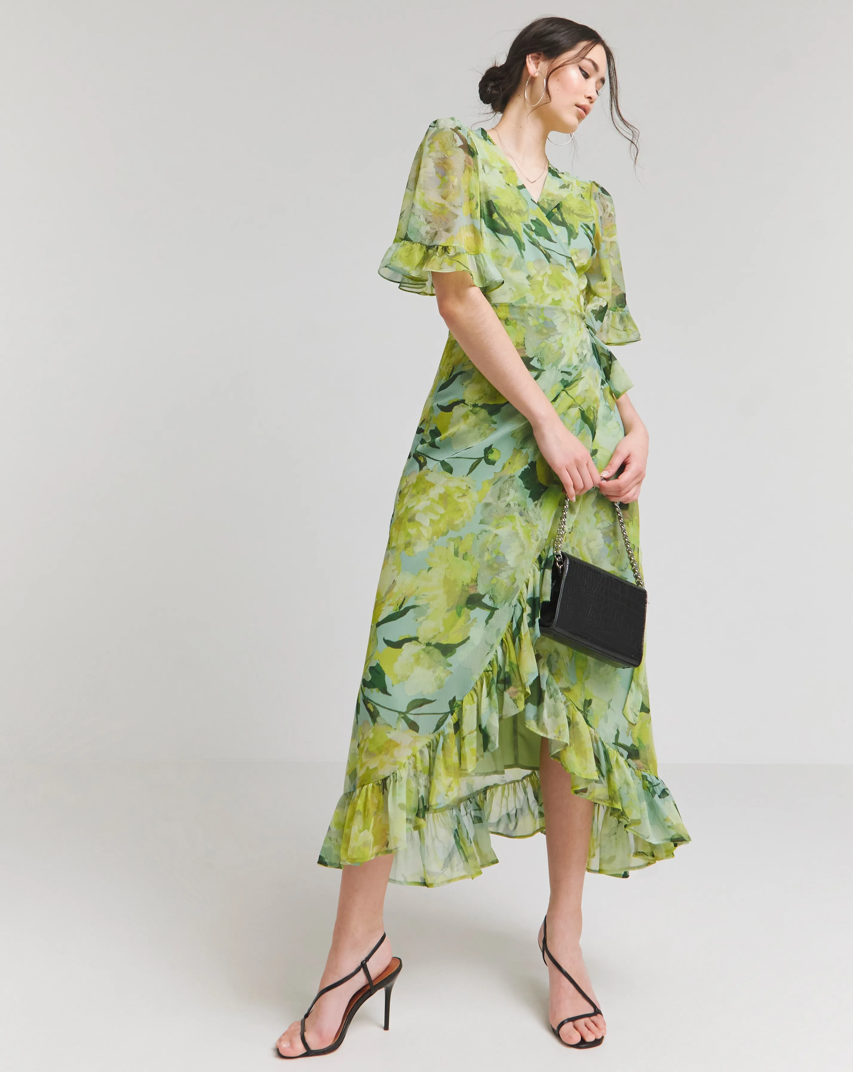 Hope & Ivy Mirren Green Flutter Sleeve Wrap Maxi Dress | Simply Be