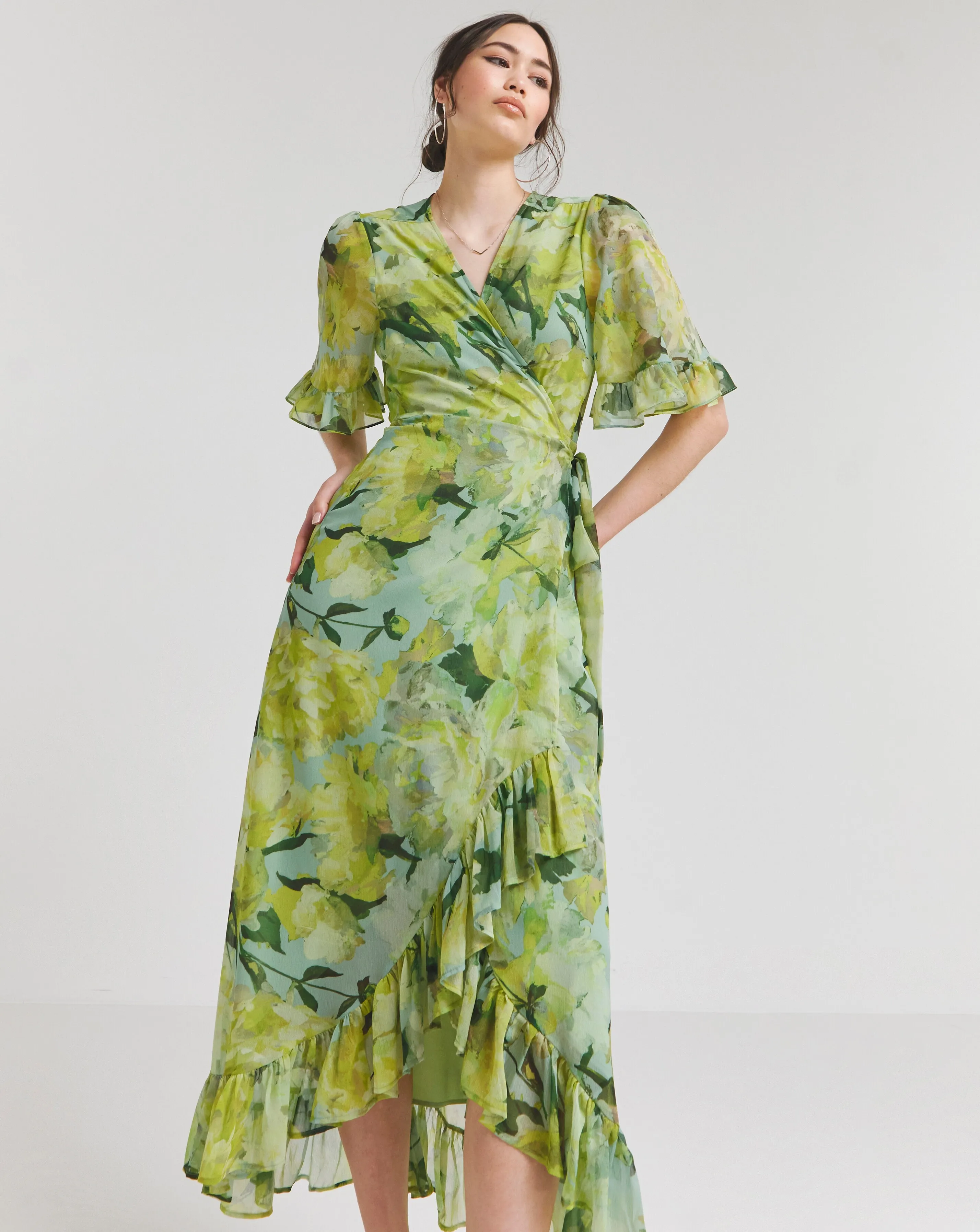 Hope & Ivy Mirren Green Flutter Sleeve Wrap Maxi Dress | Simply Be