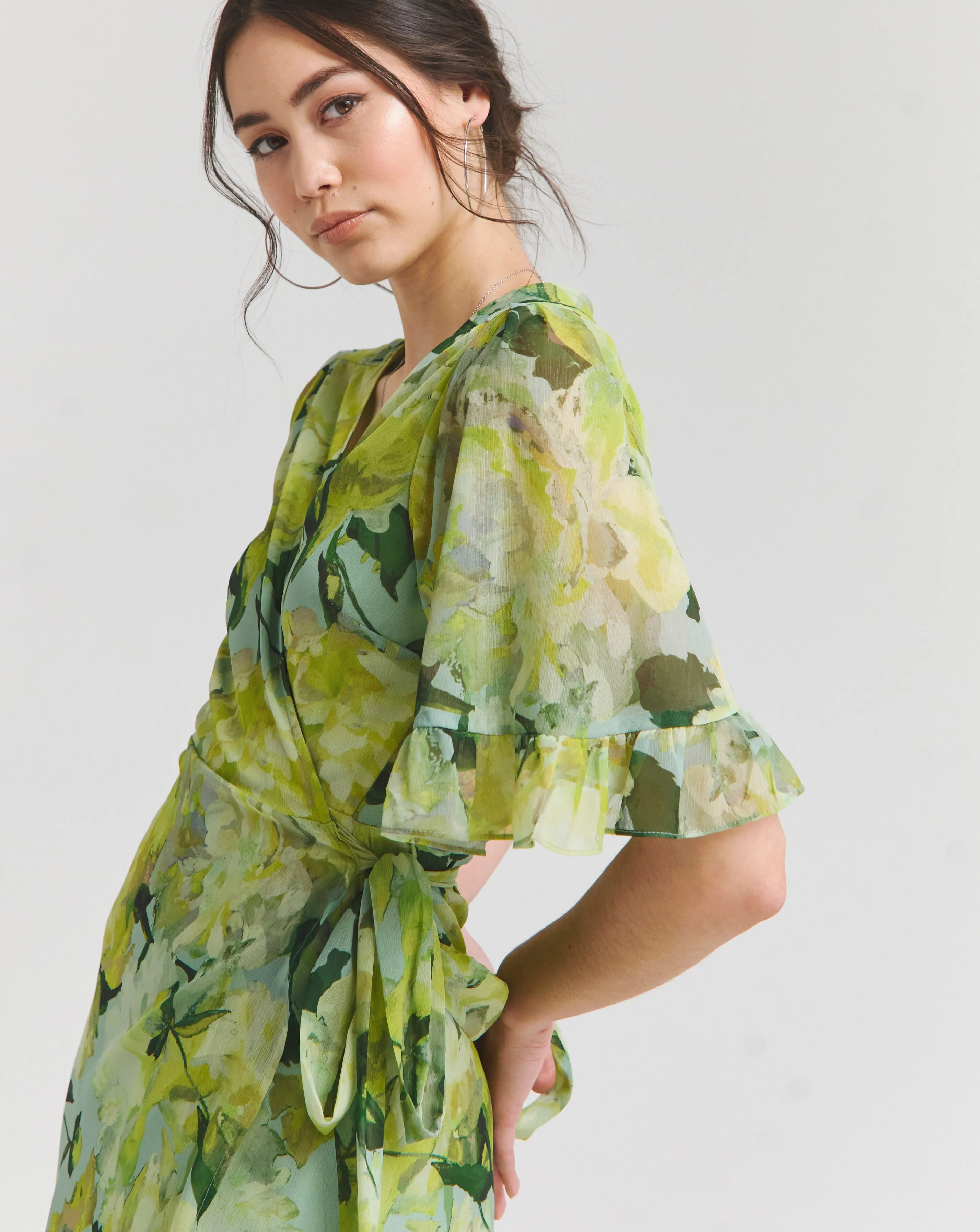 Hope & Ivy Mirren Green Flutter Sleeve Wrap Maxi Dress | Simply Be