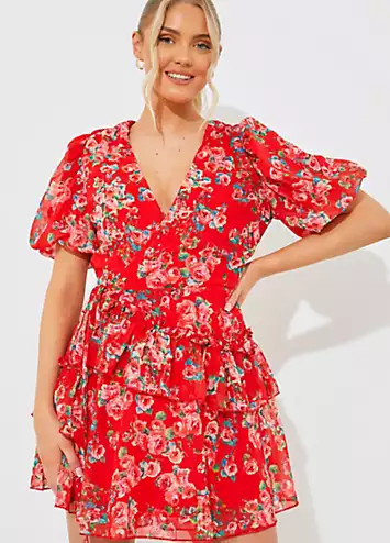 In The Style x Wrap Mini Dress in Rose Floral Print | Grattan