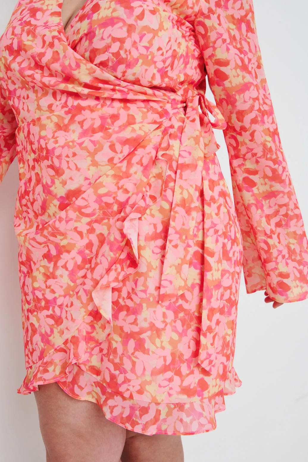 Jessica Wrap Mini Dress Curve - Orange and Pink Floral