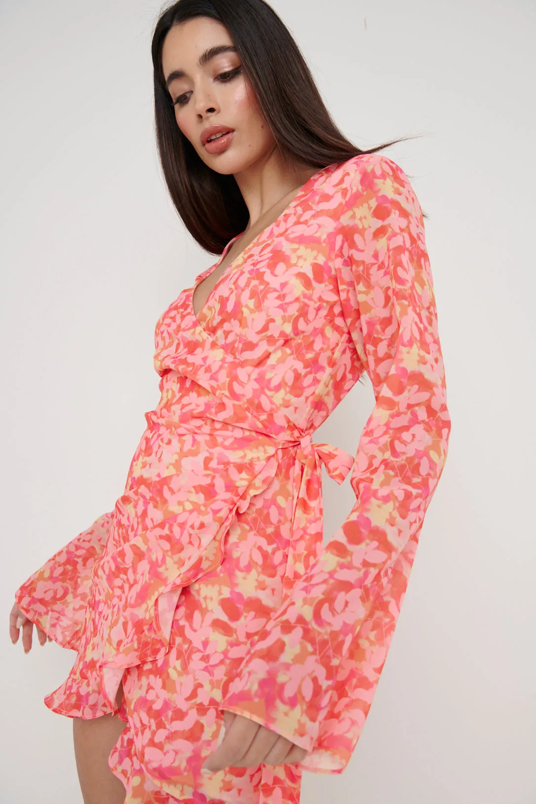 Jessica Wrap Mini Dress - Orange and Pink Floral