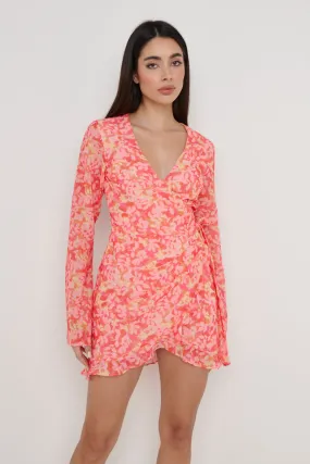 Jessica Wrap Mini Dress - Orange and Pink Floral