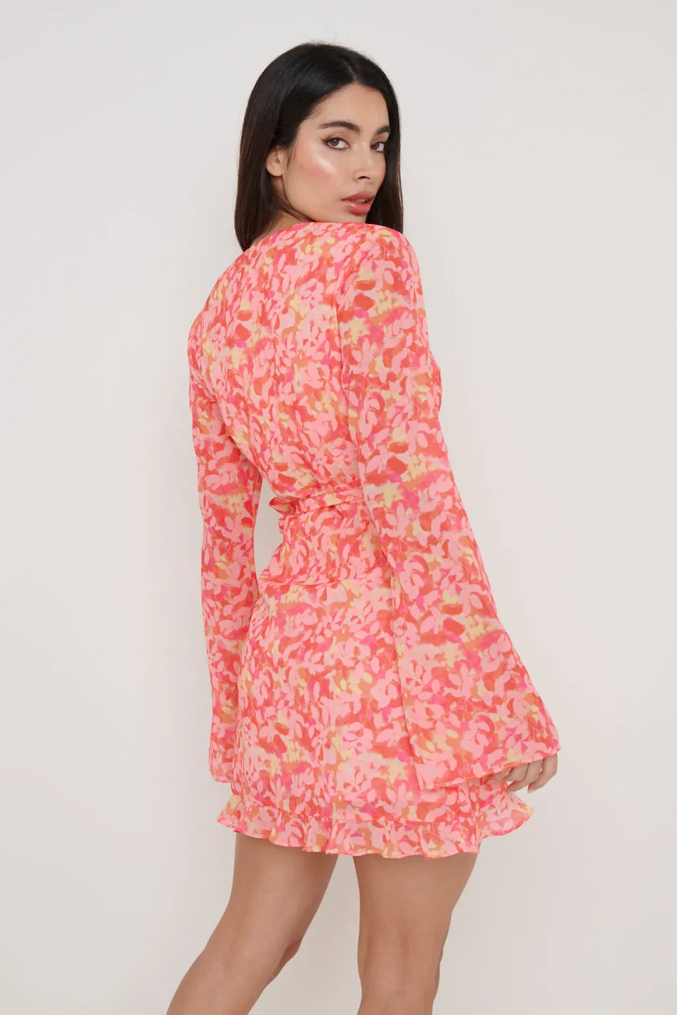 Jessica Wrap Mini Dress - Orange and Pink Floral