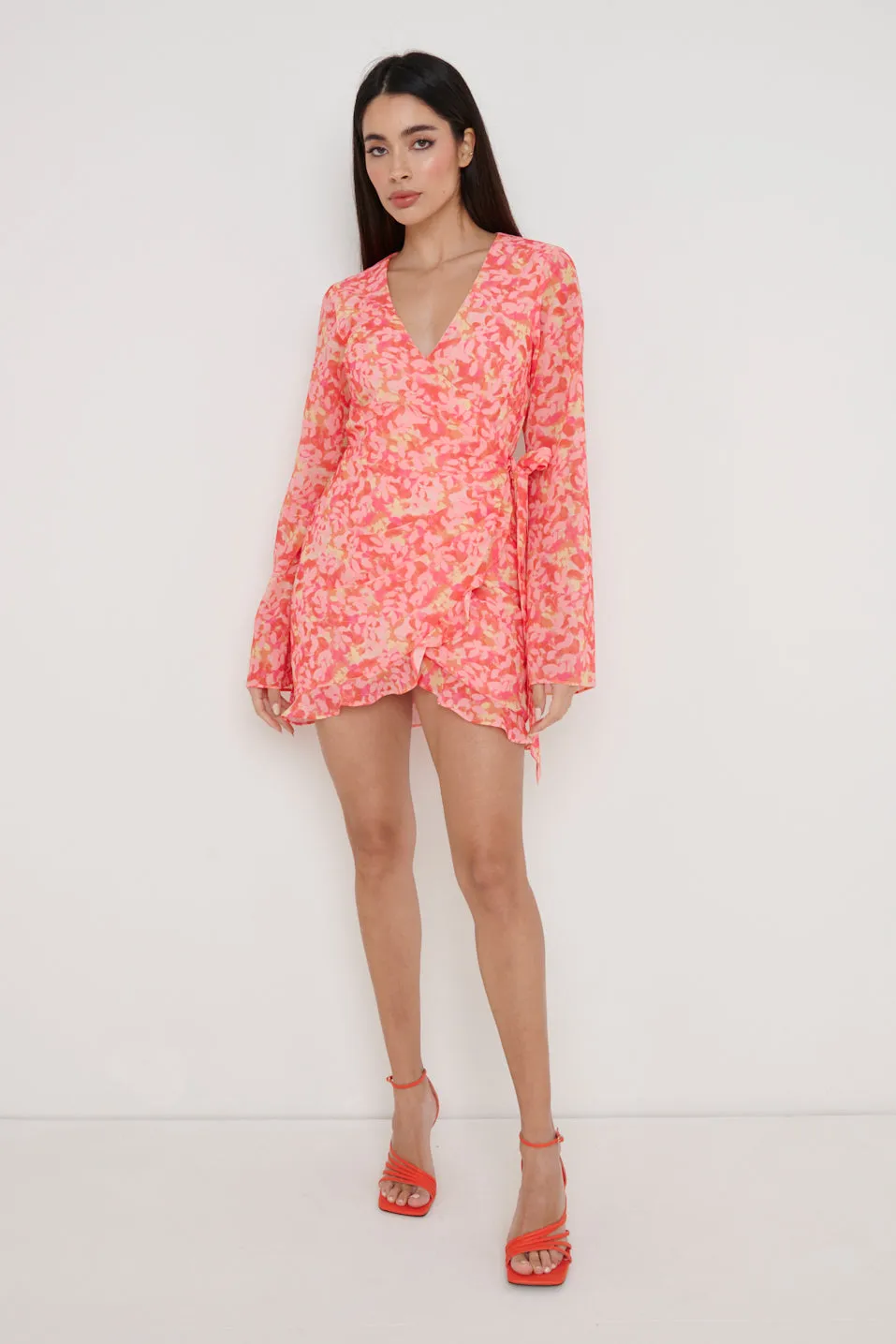 Jessica Wrap Mini Dress - Orange and Pink Floral